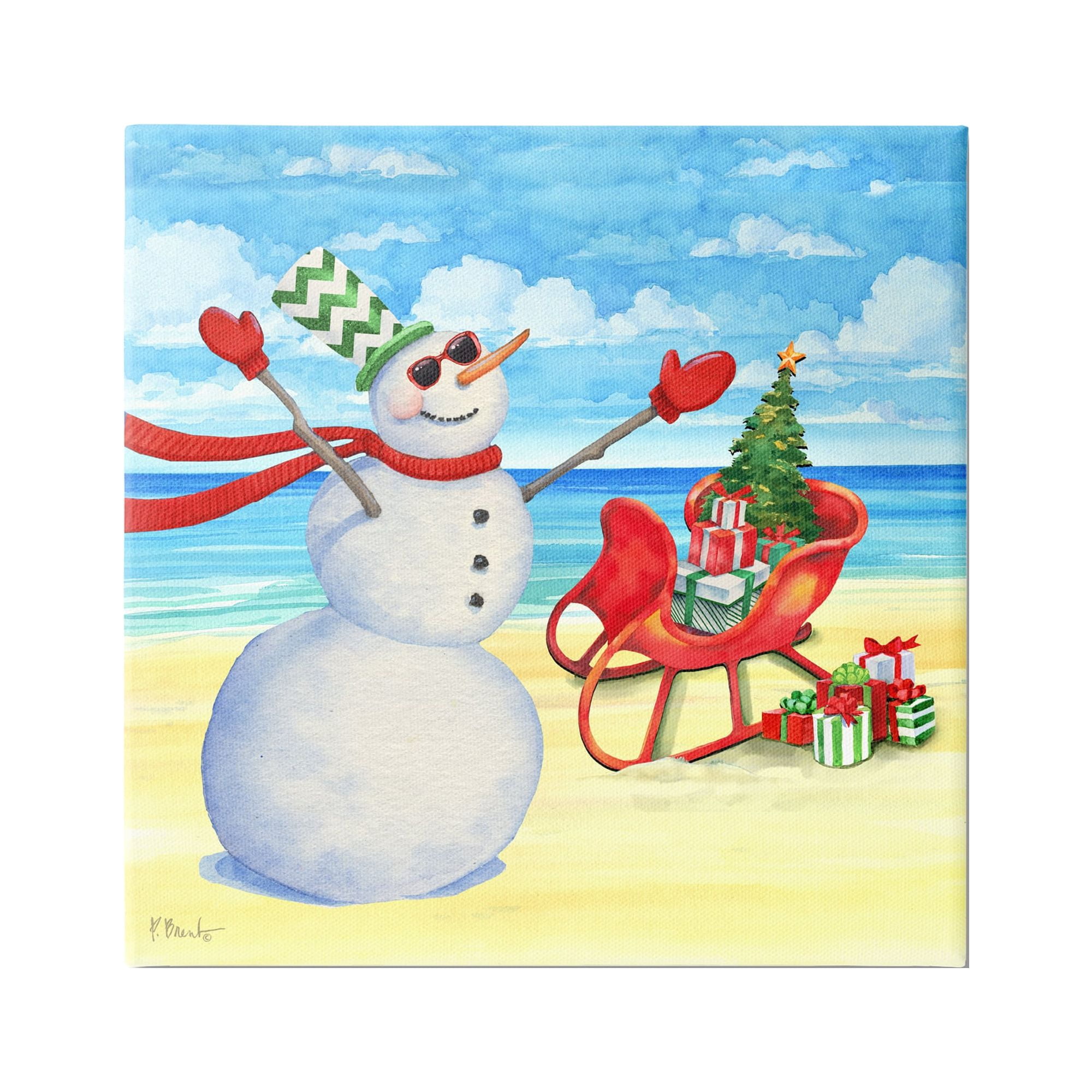 Stupell Industries Snowman on Beach Scene Holiday Painting Gallery Wrapped Canvas Print Wall Art, 30 x 30