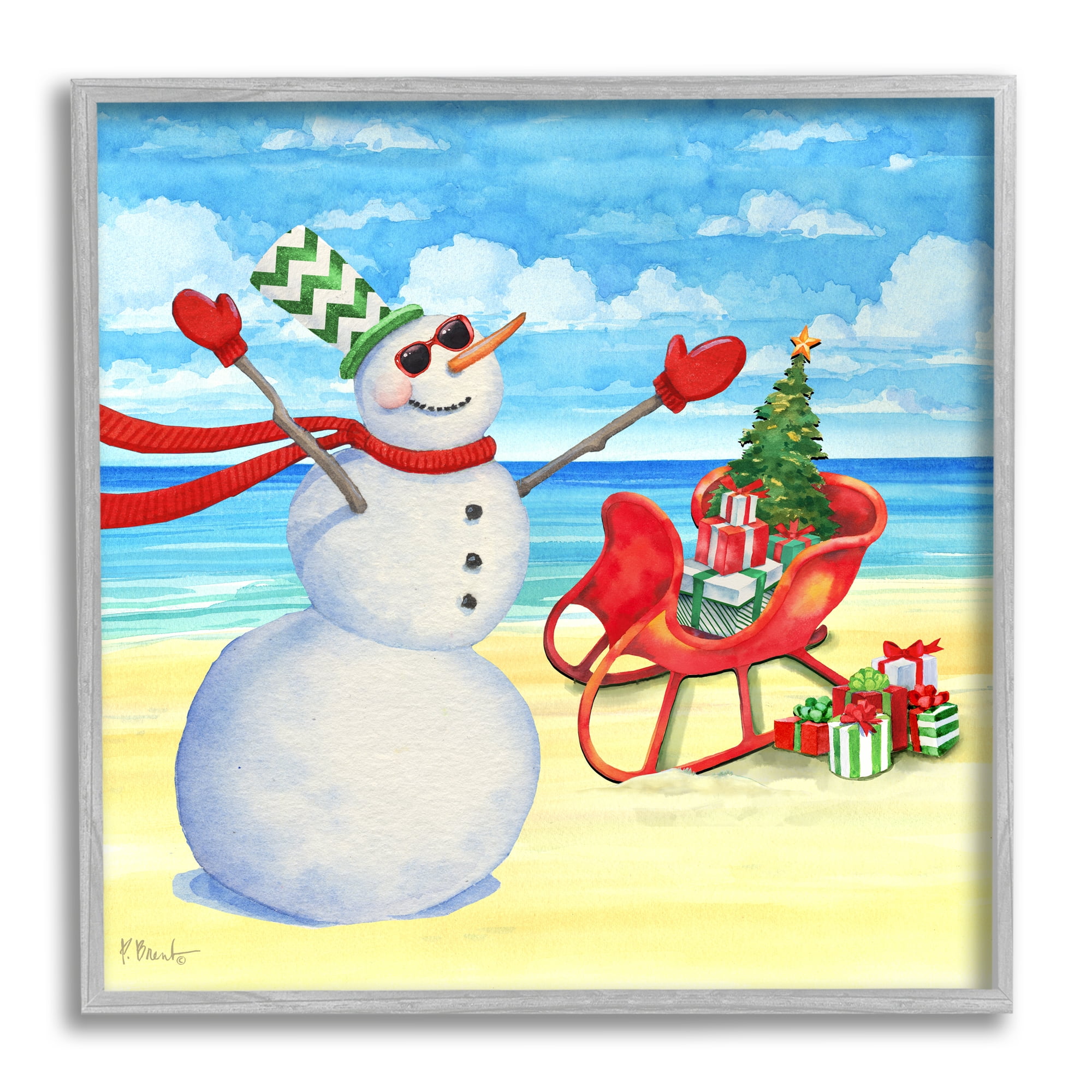 Stupell Industries Snowman on Beach Scene Holiday Painting Gray Framed Art Print Wall Art, 12 x 12