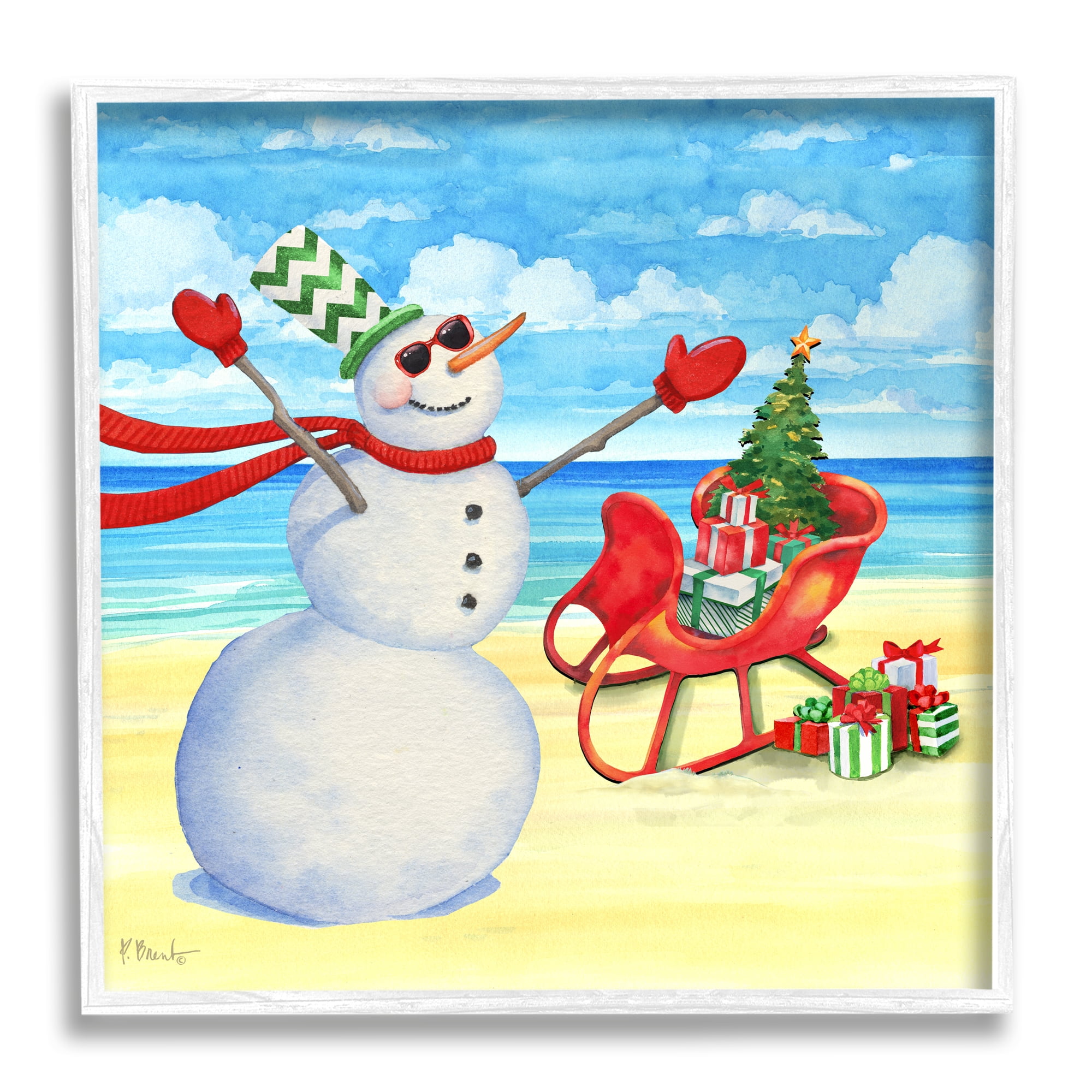 Stupell Industries Snowman on Beach Scene Holiday Painting White Framed Art Print Wall Art, 24 x 24