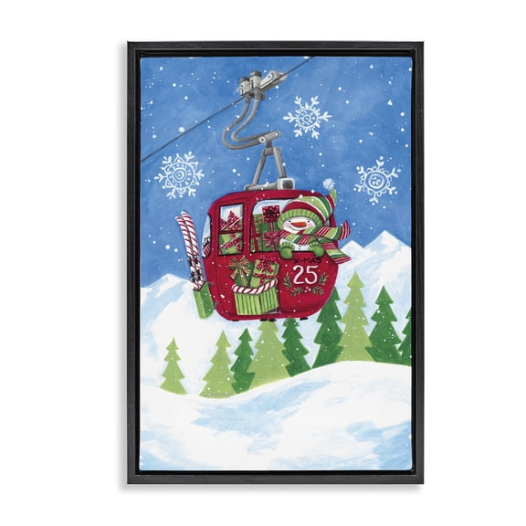 Stupell Industries Snowman on Ski Lift Holiday Painting Black Floater Framed Canvas Art Print Wall Art, 17 x 25