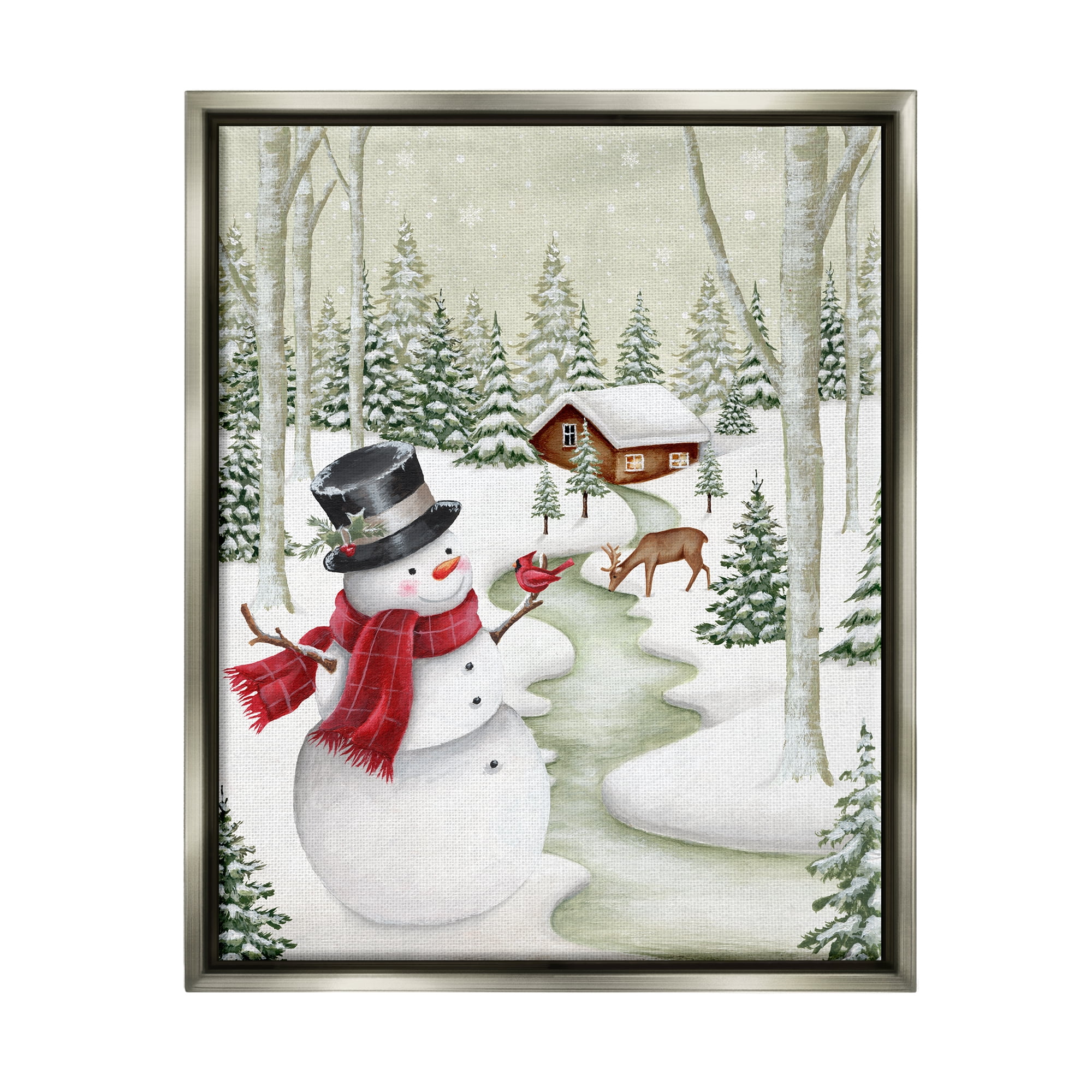 Stupell Industries Snowman on Snowy Path Holiday Painting Gray Floater Framed Canvas Art Print Wall Art, 25 x 31