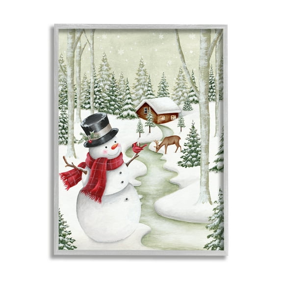 Stupell Industries Snowman on Snowy Path Holiday Painting Gray Framed Art Print Wall Art, 11 x 14