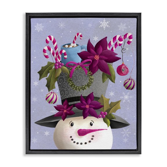 Stupell Industries Snowman with Festive Hat Adornments Holiday Painting Black Floater Framed Canvas Art Print Wall Art, 17 x 21