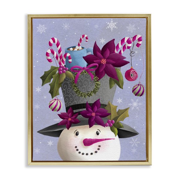 Stupell Industries Snowman with Festive Hat Adornments Holiday Painting Gold Floater Framed Canvas Art Print Wall Art, 25 x 31