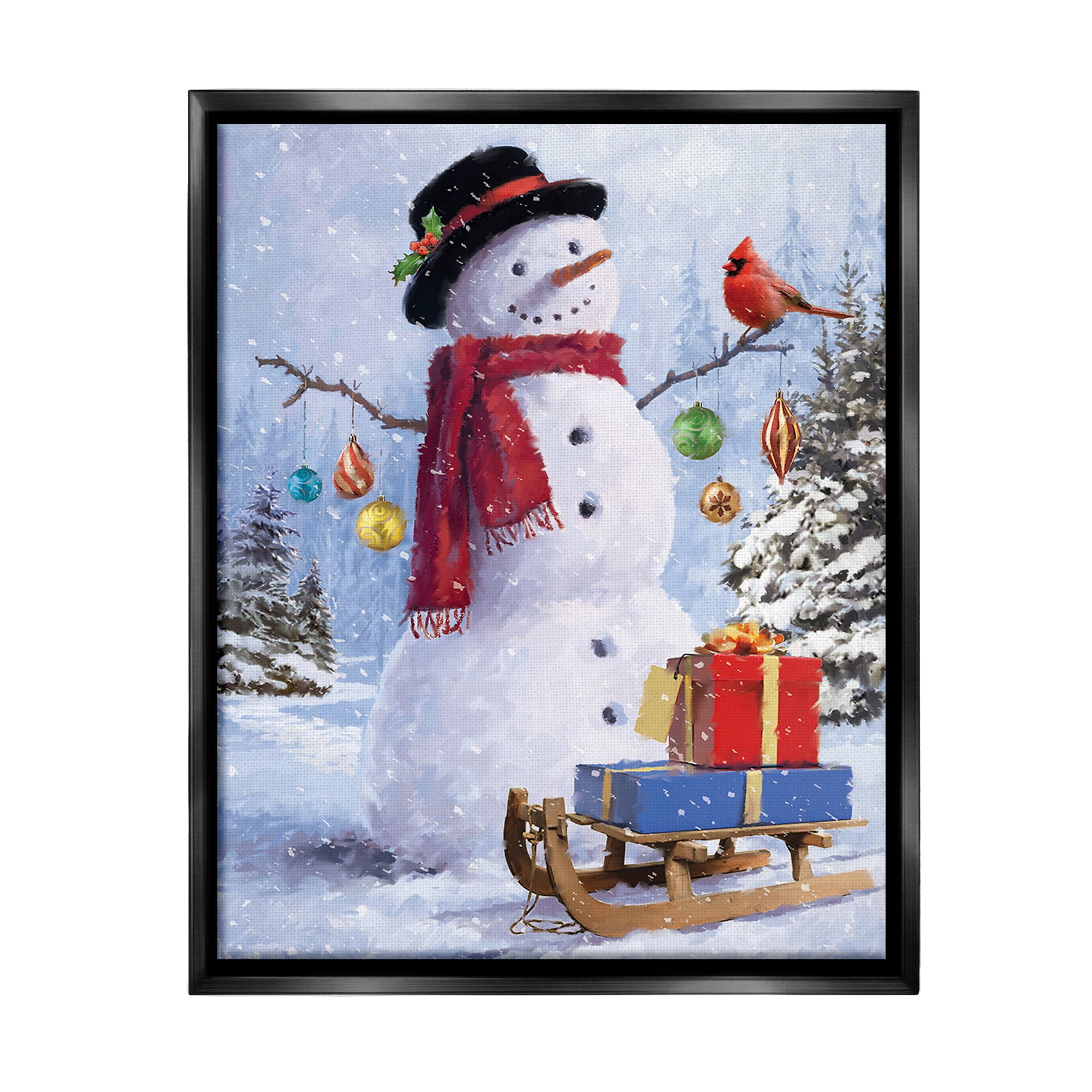Stupell Industries Snowman with Gift Sled Landscape Painting Black Floater Framed Canvas Art Print Wall Art, 17 x 21