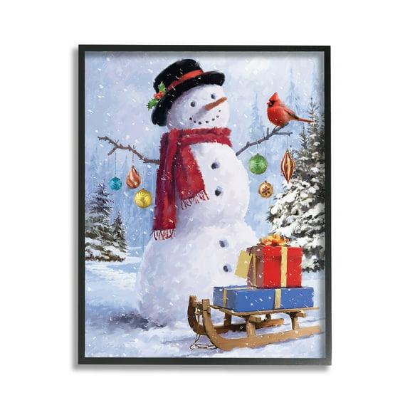 Stupell Industries Snowman with Gift Sled Landscape Painting Black Framed Art Print Wall Art, 11 x 14