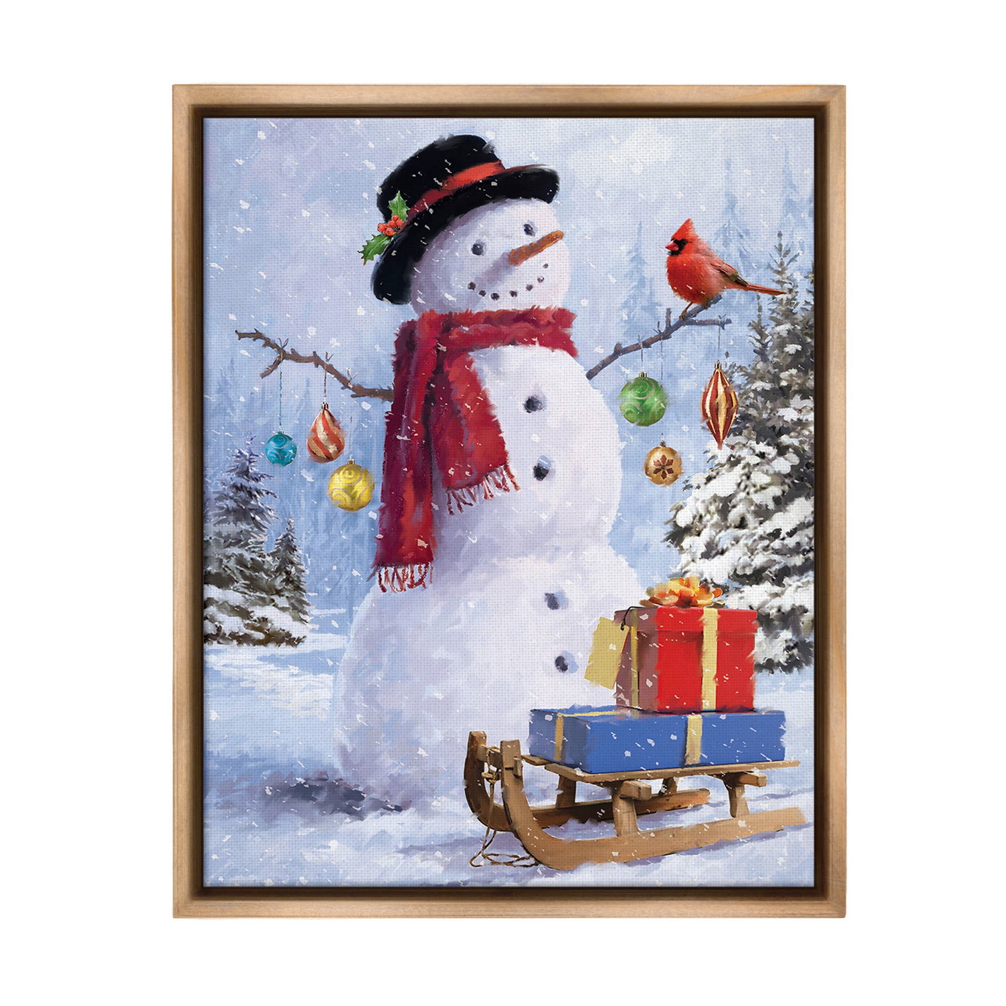 Stupell Industries Snowman with Gift Sled Landscape Painting Brown Floater Framed Canvas Art Print Wall Art, 25 x 31