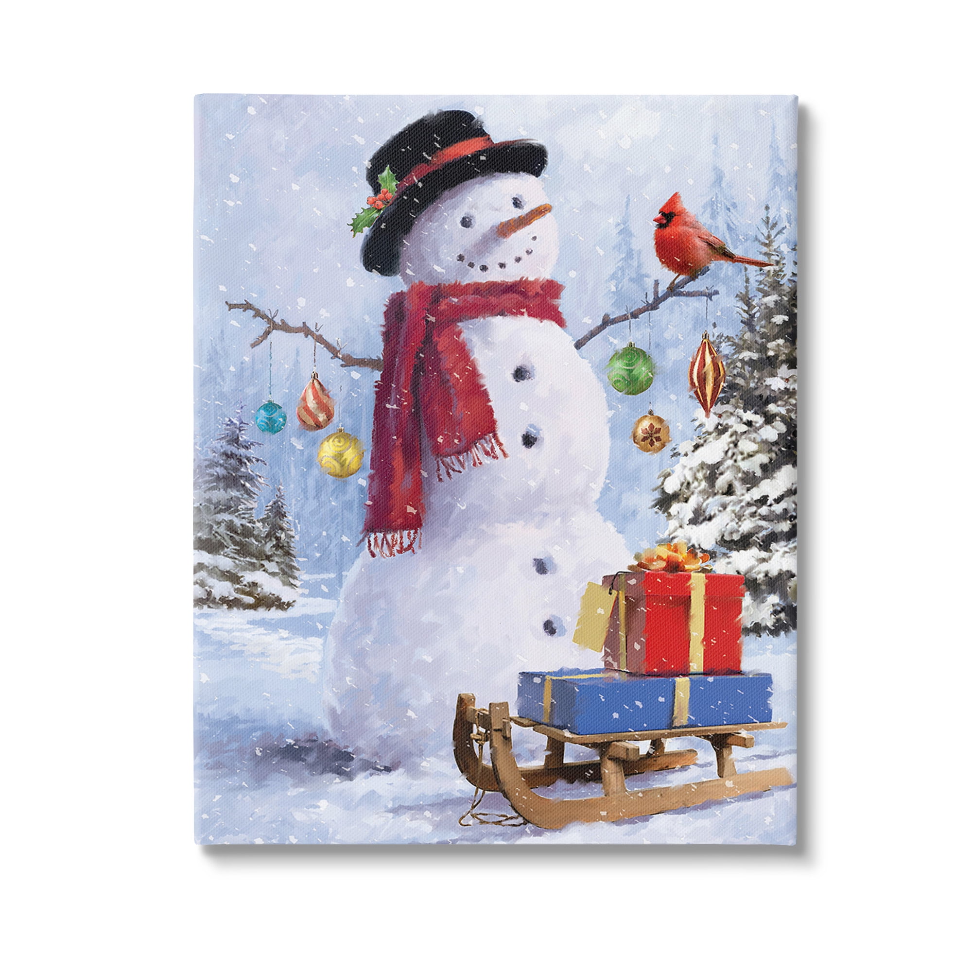 Stupell Industries Snowman with Gift Sled Landscape Painting Gallery Wrapped Canvas Art Print Wall Art, 24 x 30