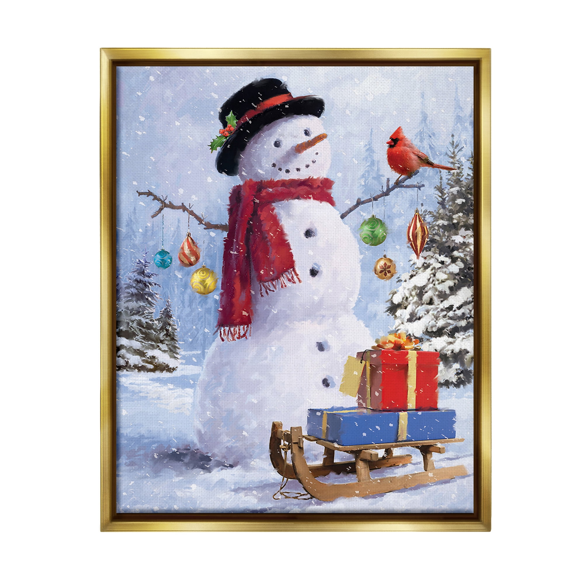 Stupell Industries Snowman with Gift Sled Landscape Painting Gold Floater Framed Canvas Art Print Wall Art, 17 x 21