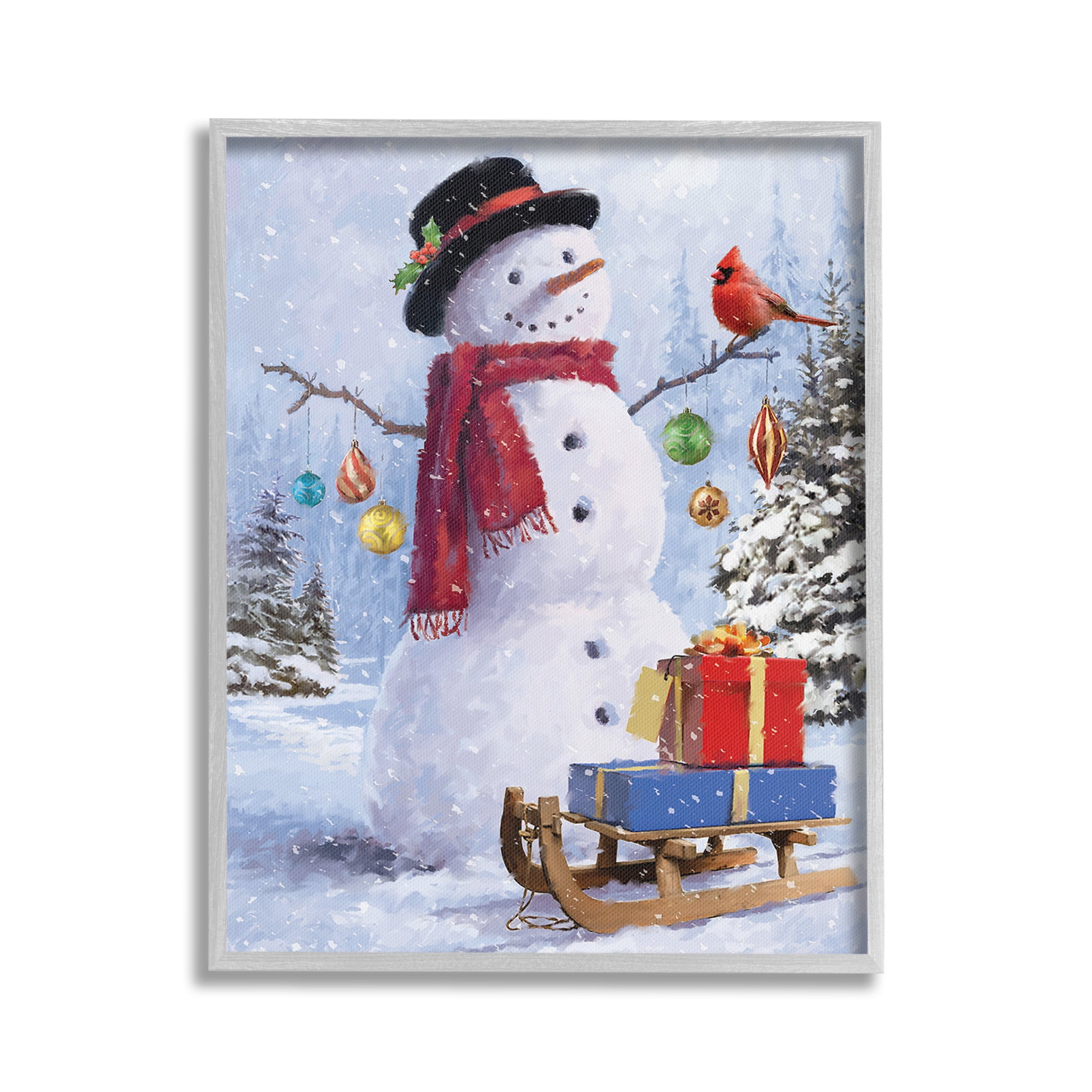 Stupell Industries Snowman with Gift Sled Landscape Painting Gray Framed Art Print Wall Art, 24 x 30