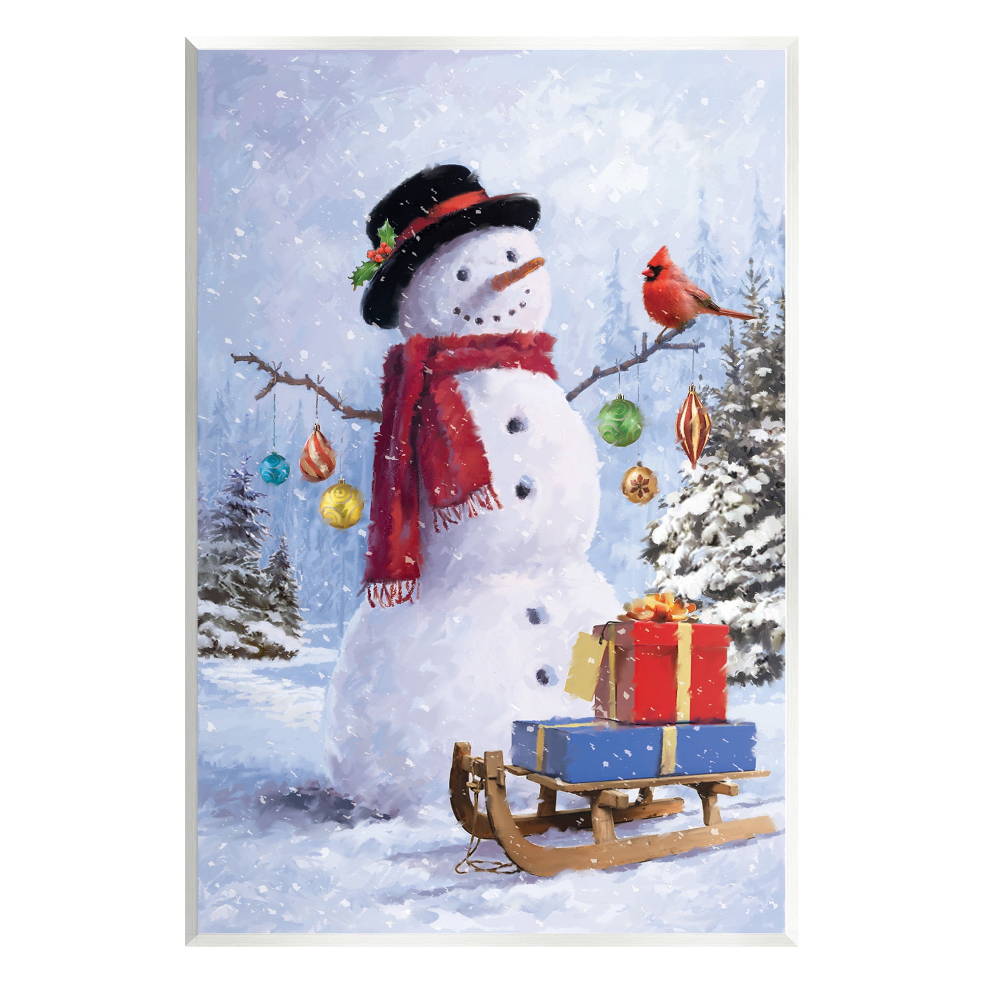 Stupell Industries Snowman with Gift Sled Landscape Painting Unframed Art Print Wall Art, 13 x 19