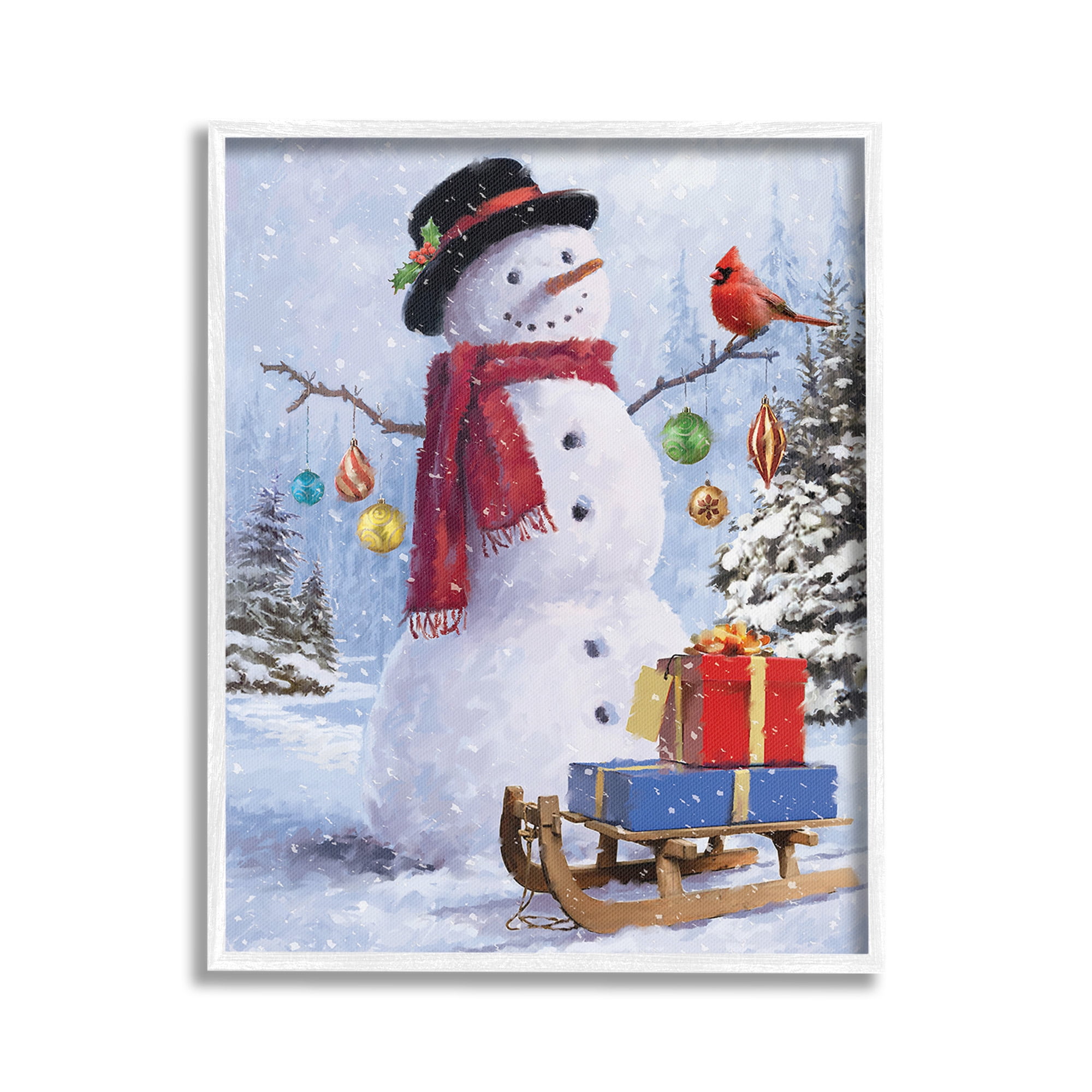 Stupell Industries Snowman with Gift Sled Landscape Painting White Framed Art Print Wall Art, 24 x 30