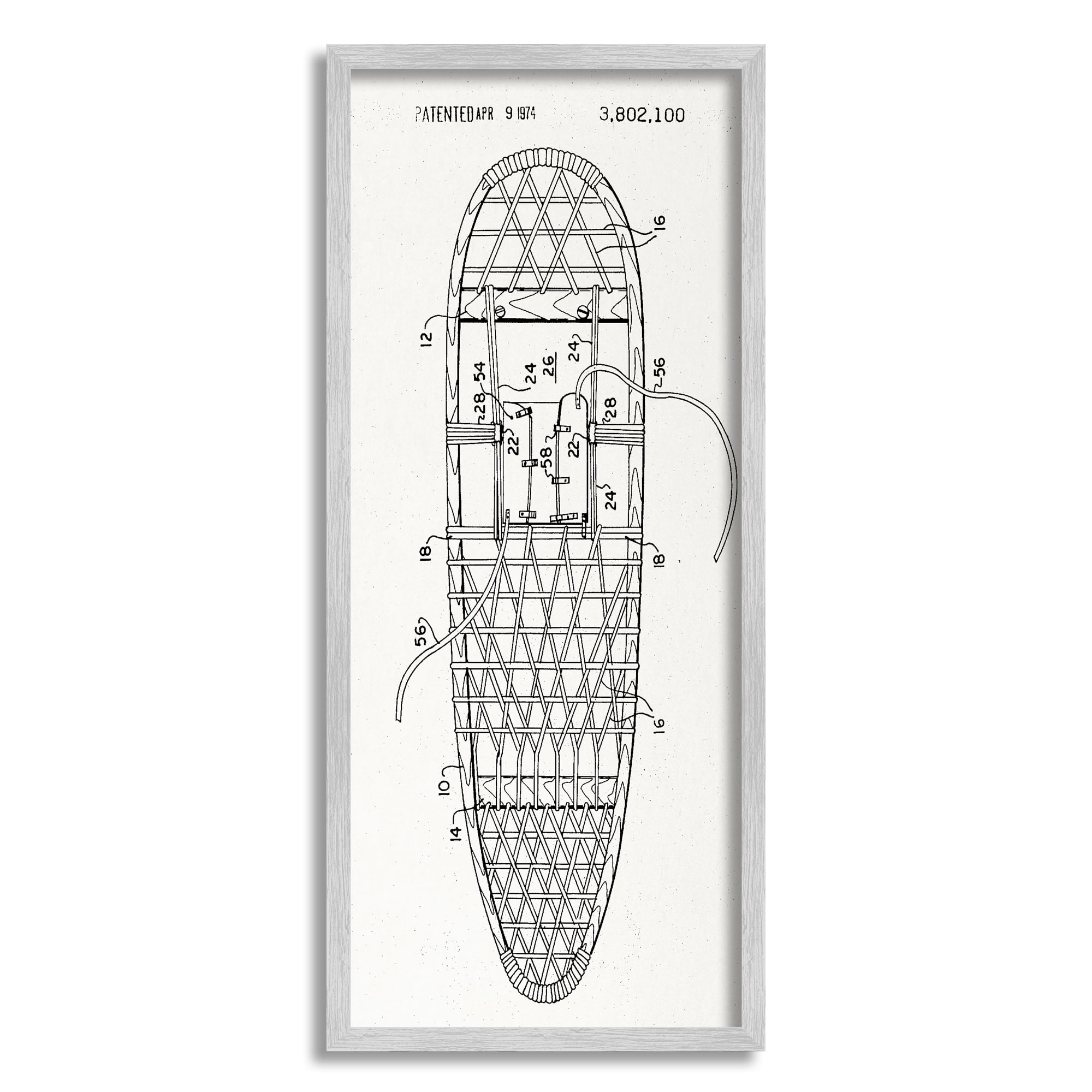 Stupell Industries Snowshoe Winter Patent Blueprint Sports Painting Gray Framed Art Print Wall Art