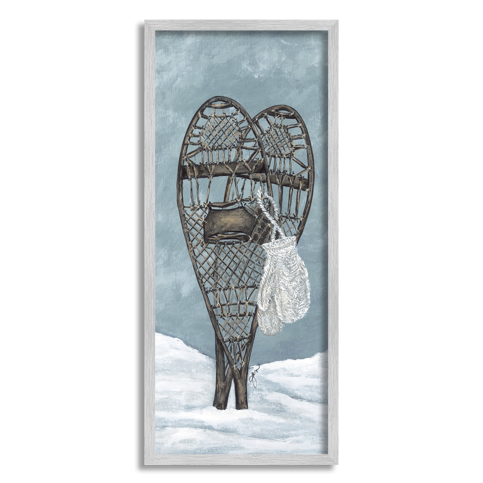 Stupell Industries Snowshoes & Winter Gloves Holiday Painting Gray Framed Art Print Wall Art, 13 x 30