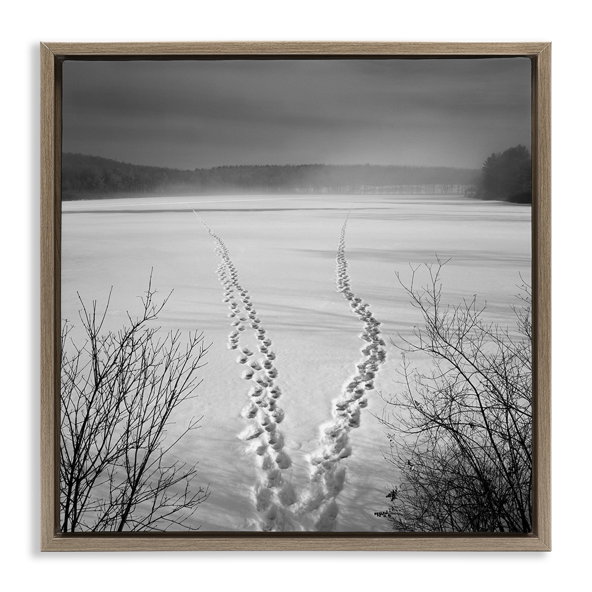 Stupell Industries Snowstep Tracks Across Frozen Lakes Brown Framed Floater Canvas Wall Art, design by Chip Forelli