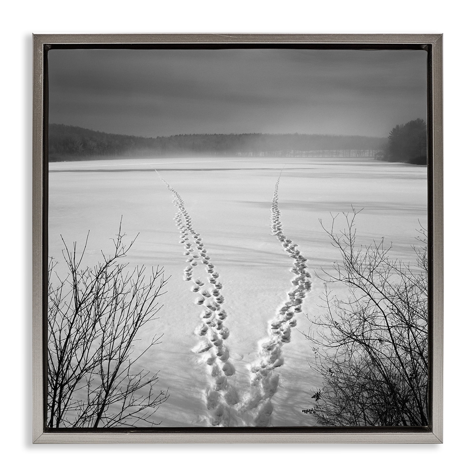 Stupell Industries Snowstep Tracks Across Frozen Lakes Gray Framed Floater Canvas Wall Art, design by Chip Forelli