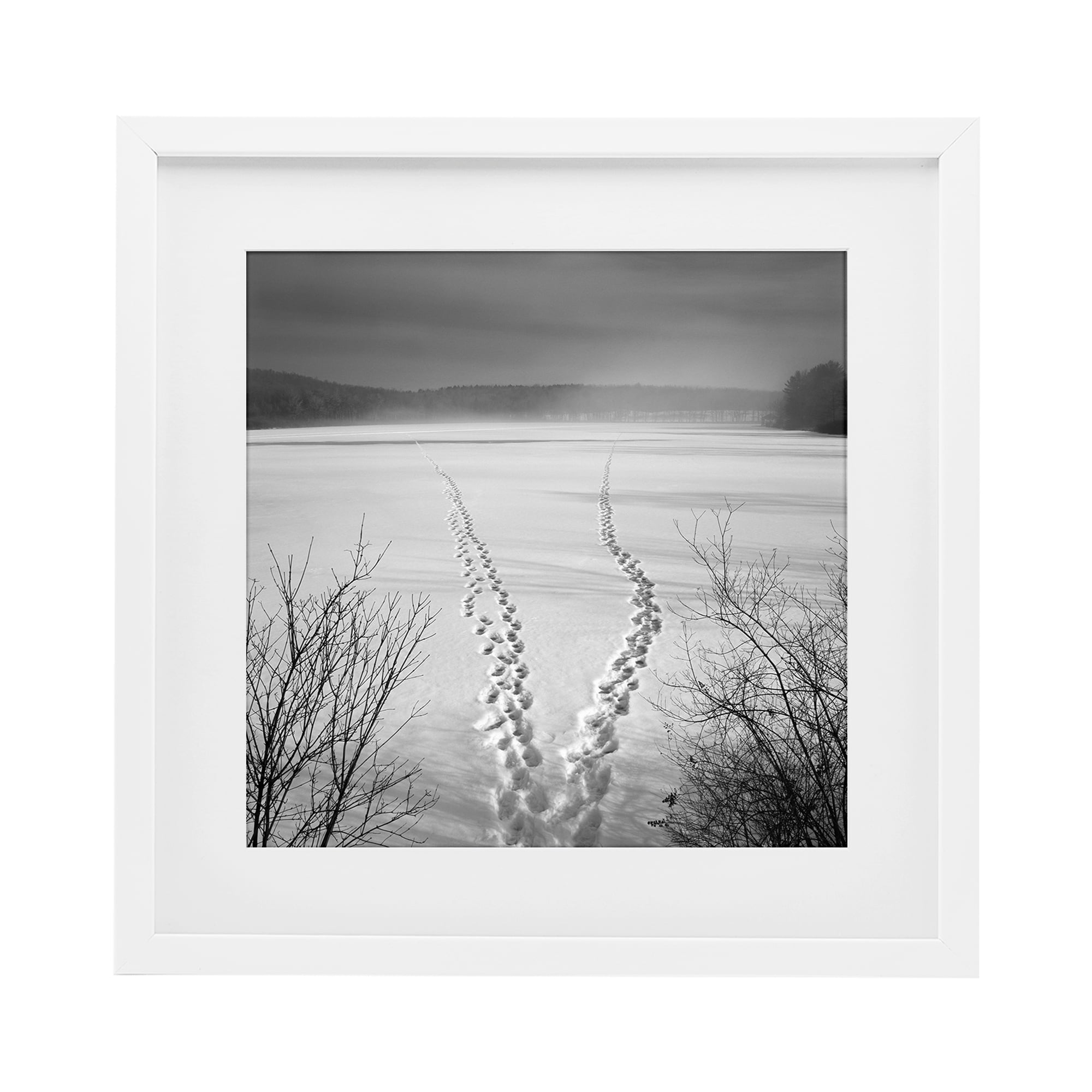 Stupell Industries Snowstep Tracks Across Frozen Lakes White Framed Print Under Glass, design by Chip Forelli