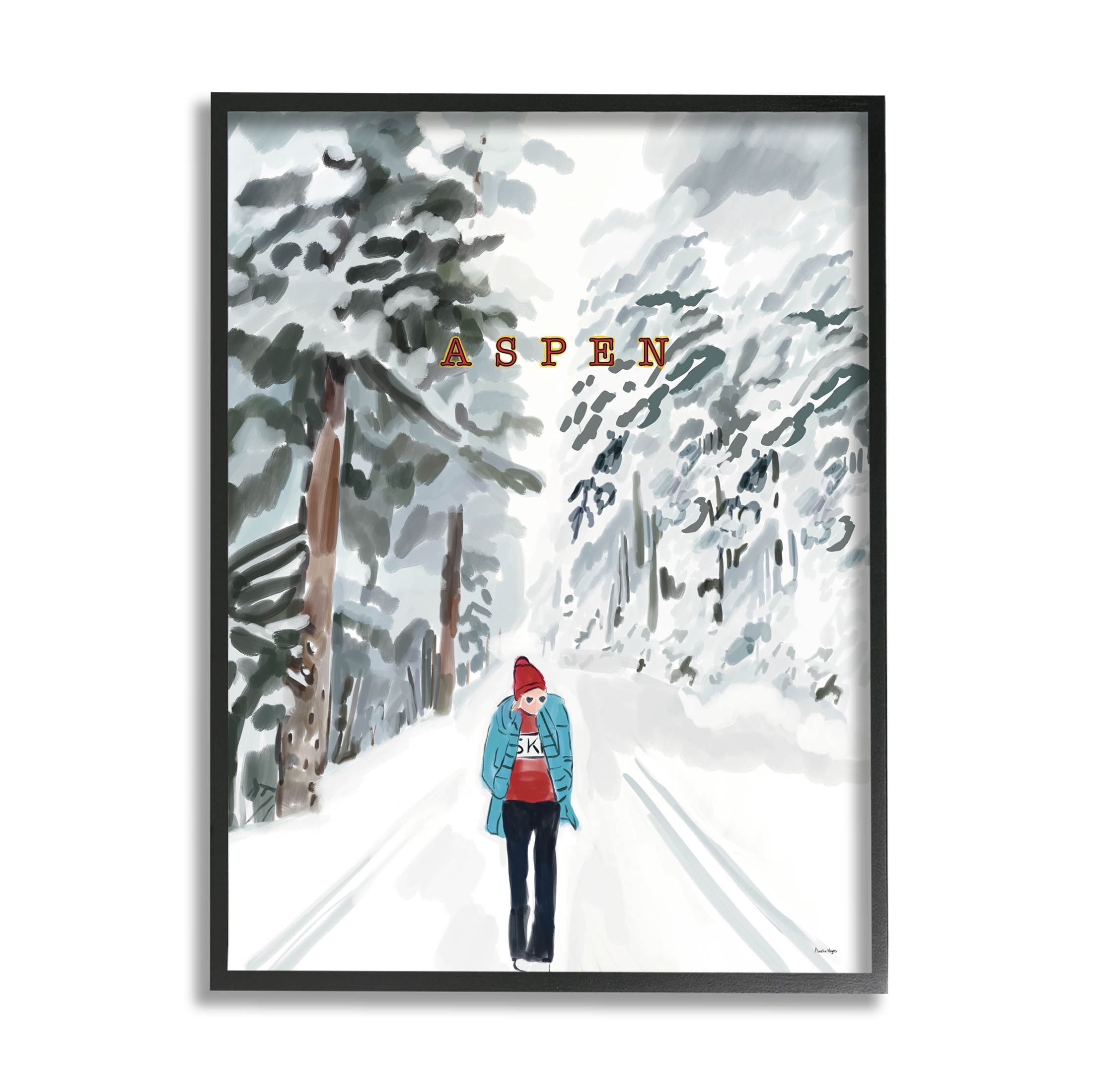 Stupell Industries Snowy Aspen Scenery Girl Walking Graphic Art Black Framed Art Print Wall Art, Design by Amelia Noyes