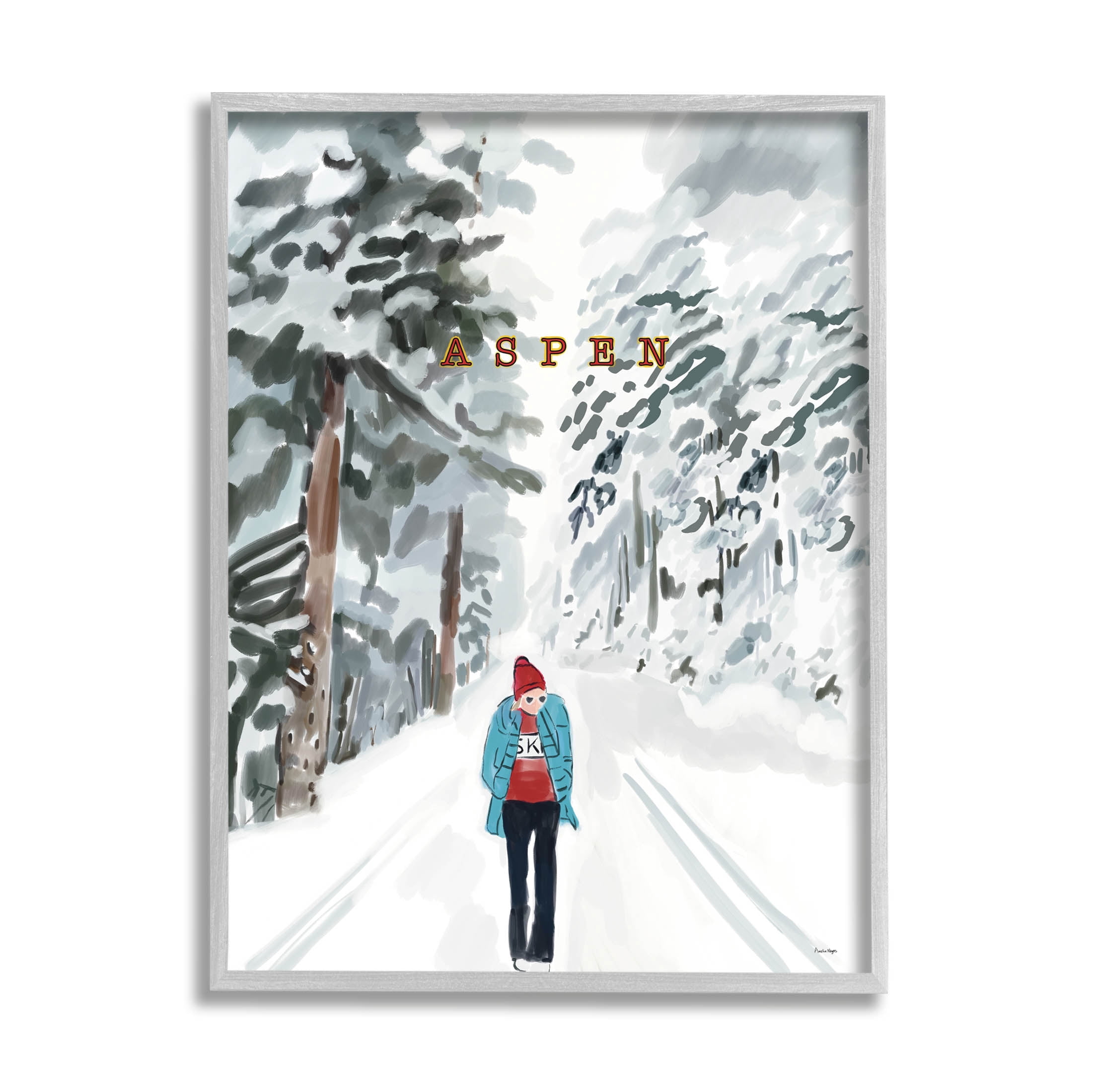 Stupell Industries Snowy Aspen Scenery Girl Walking Graphic Art Gray Framed Art Print Wall Art, Design by Amelia Noyes