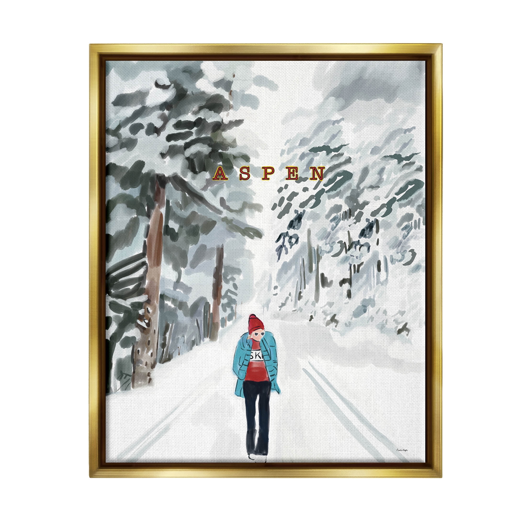 Stupell Industries Snowy Aspen Scenery Girl Walking Graphic Art Metallic Gold Floating Framed Canvas Print Wall Art, Design by Amelia Noyes