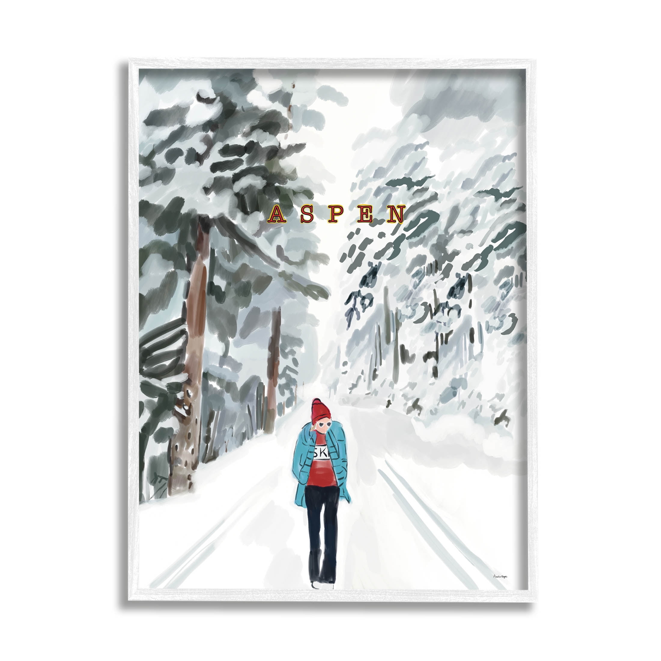 Stupell Industries Snowy Aspen Scenery Girl Walking Graphic Art White Framed Art Print Wall Art, Design by Amelia Noyes