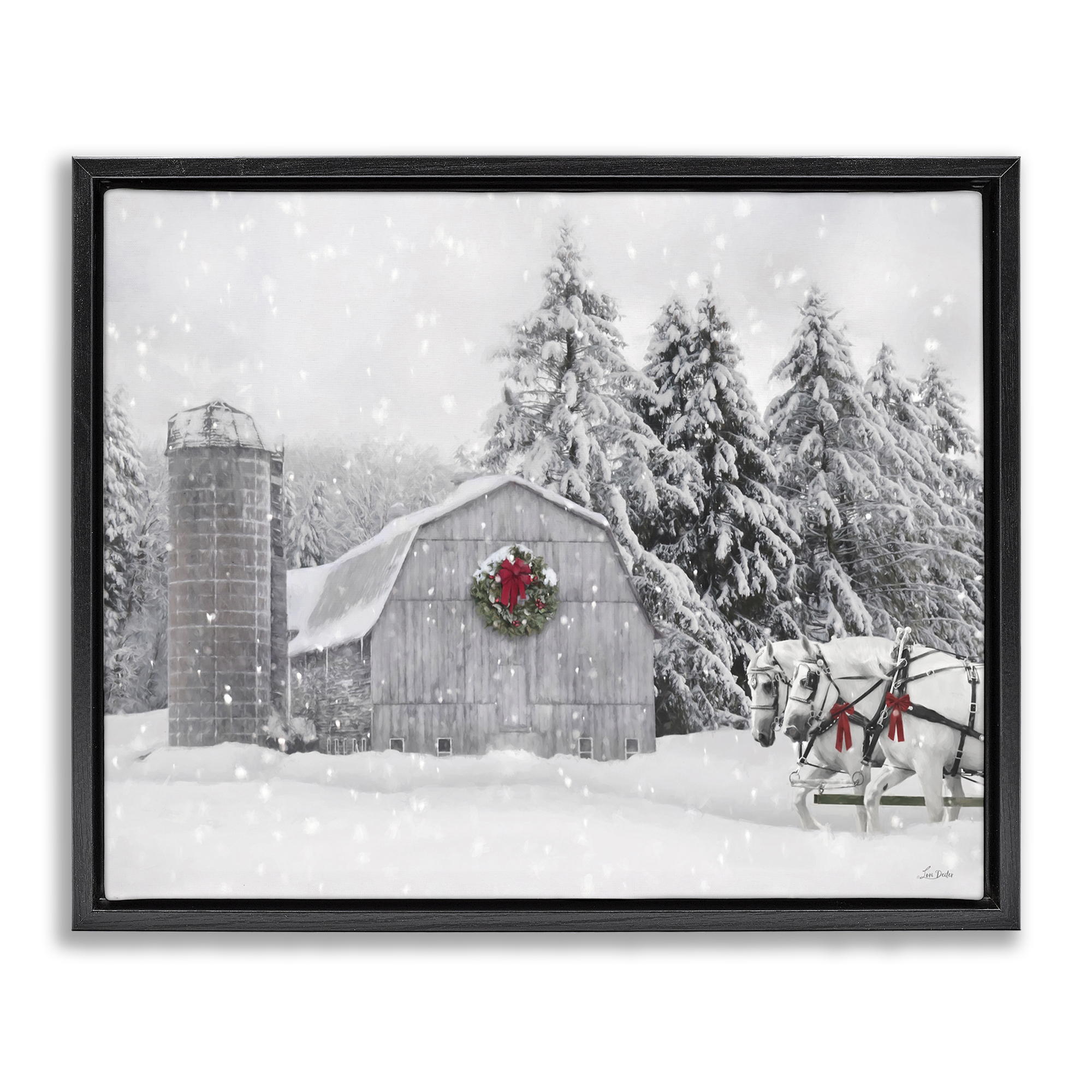Stupell Industries Snowy Barn & Horses Holiday Painting Black Floater Framed Canvas Art Prints Wall Art, 21 x 17