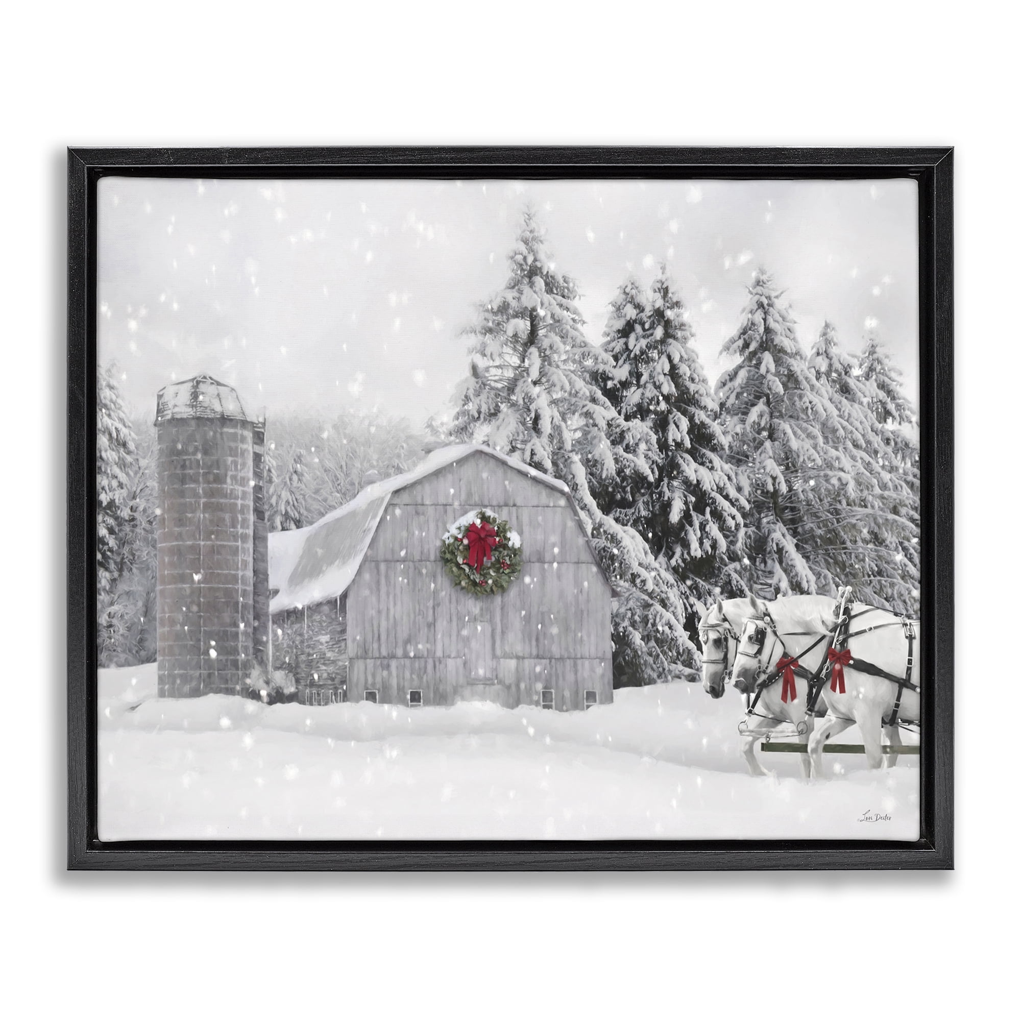Stupell Industries Snowy Barn & Horses Holiday Painting Black Floater Framed Canvas Art Prints Wall Art, 31 x 25