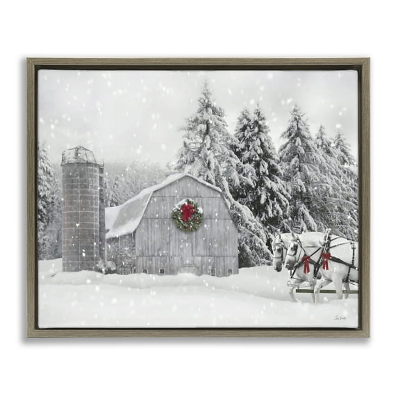 Stupell Industries Snowy Barn & Horses Holiday Painting Brown Floater Framed Canvas Art Prints Wall Art, 21 x 17