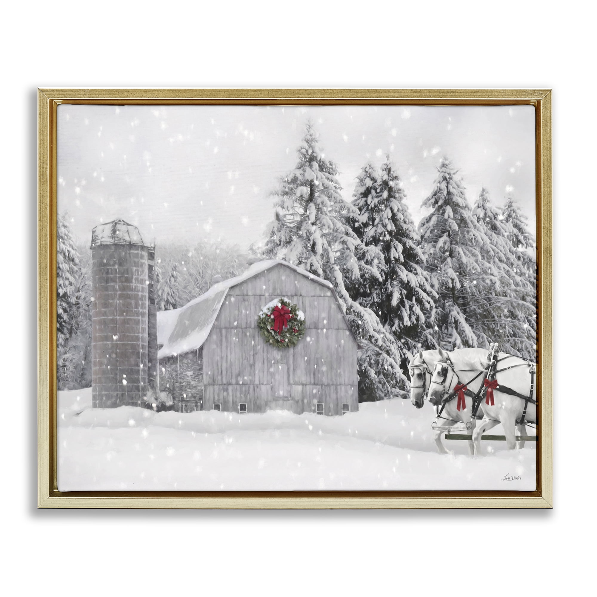 Stupell Industries Snowy Barn & Horses Holiday Painting Gold Floater Framed Canvas Art Prints Wall Art, 21 x 17