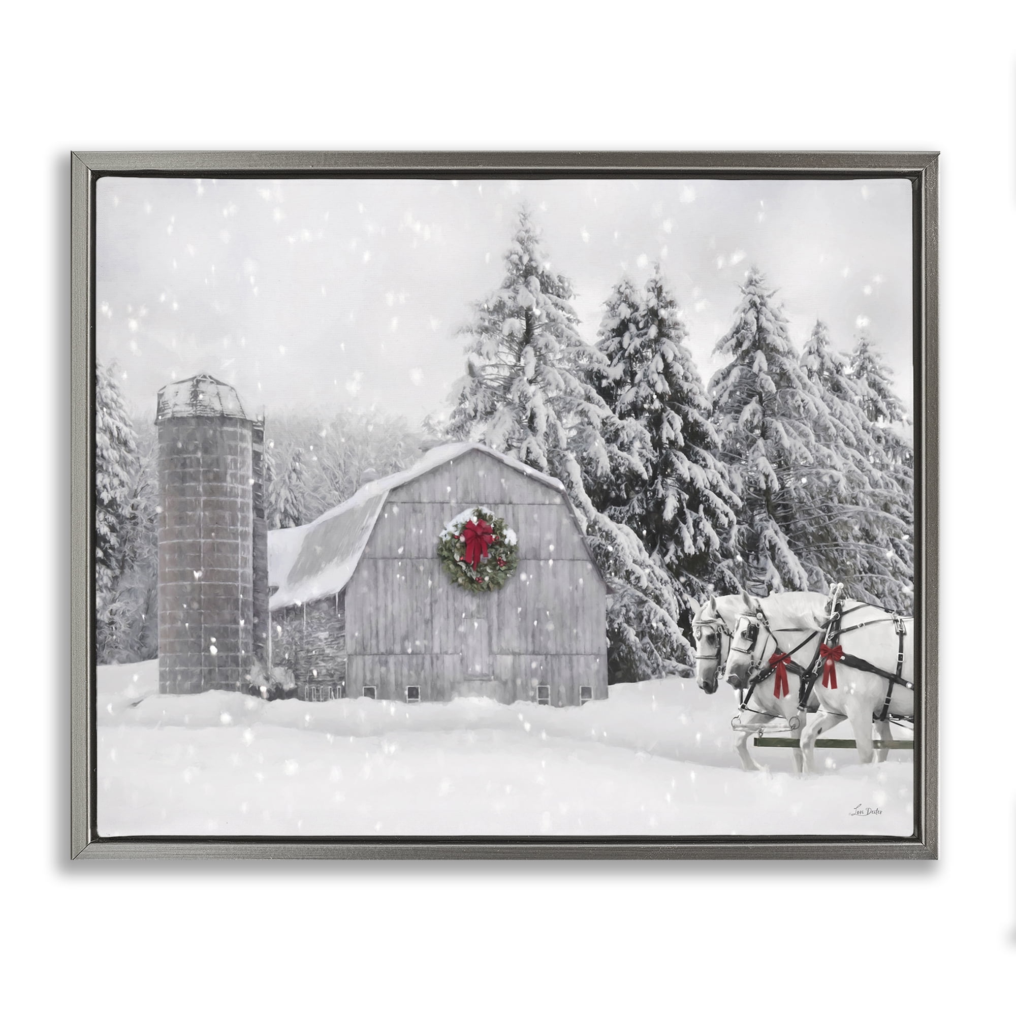 Stupell Industries Snowy Barn & Horses Holiday Painting Gray Floater Framed Canvas Art Prints Wall Art, 31 x 25