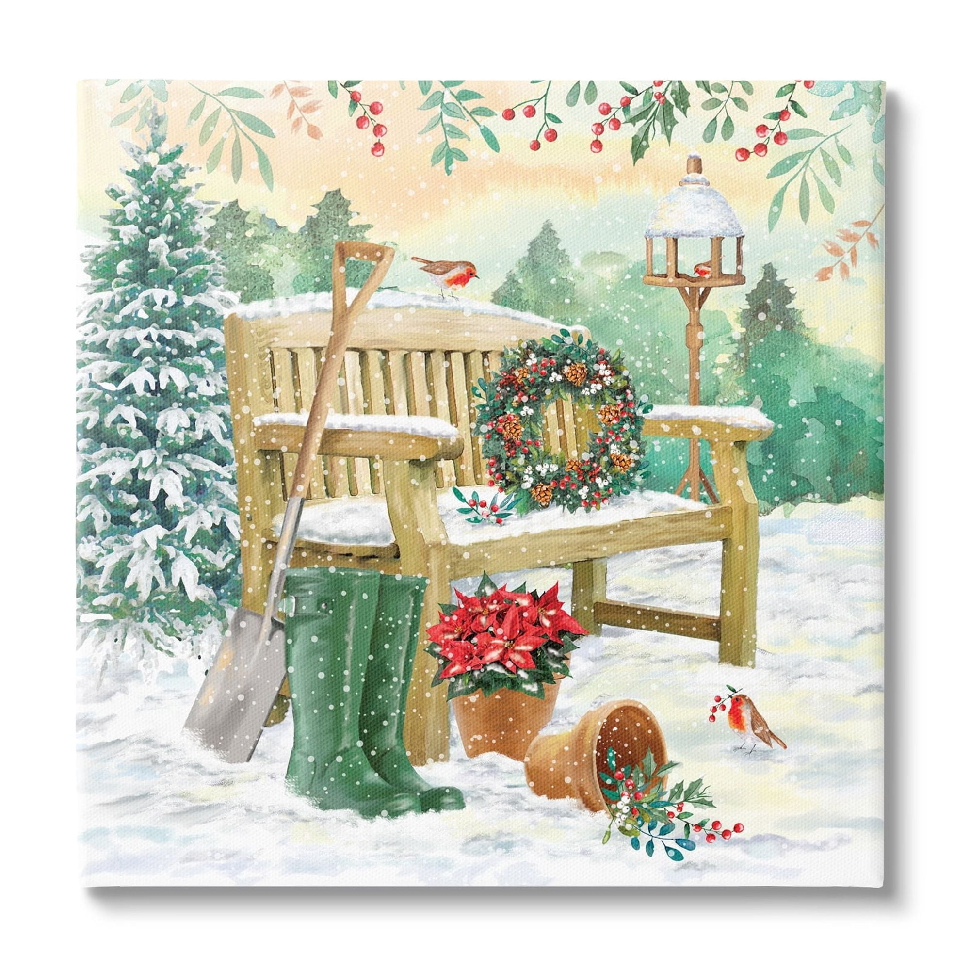 Stupell Industries Snowy Bench Seasonal Holly Plants Holiday Painting Gallery Wrapped Canvas Print Wall Art