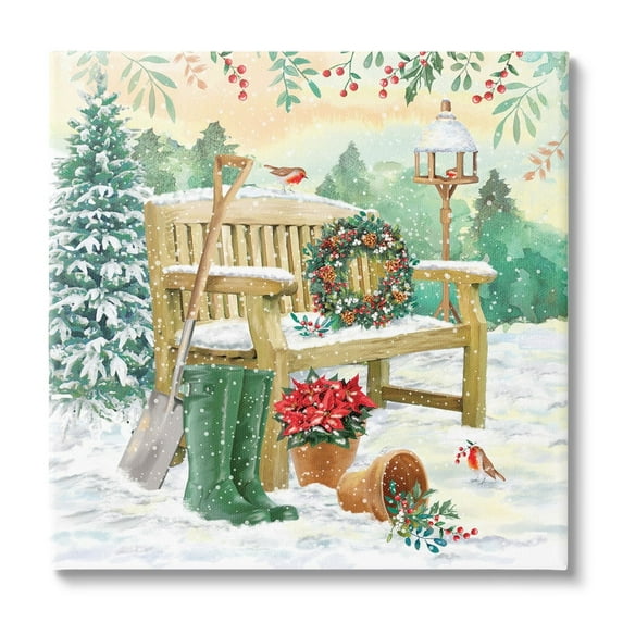 Stupell Industries Snowy Bench Seasonal Holly Plants Holiday Painting Gallery Wrapped Canvas Print Wall Art