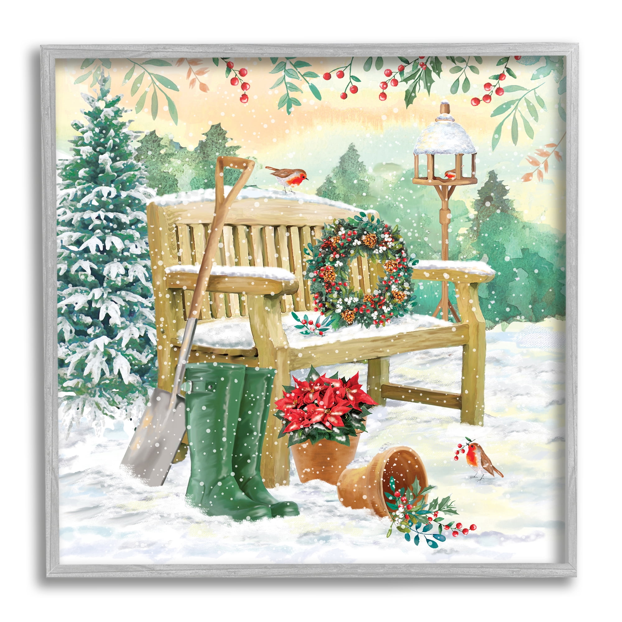 Stupell Industries Snowy Bench Seasonal Holly Plants Holiday Painting Gray Framed Art Print Wall Art