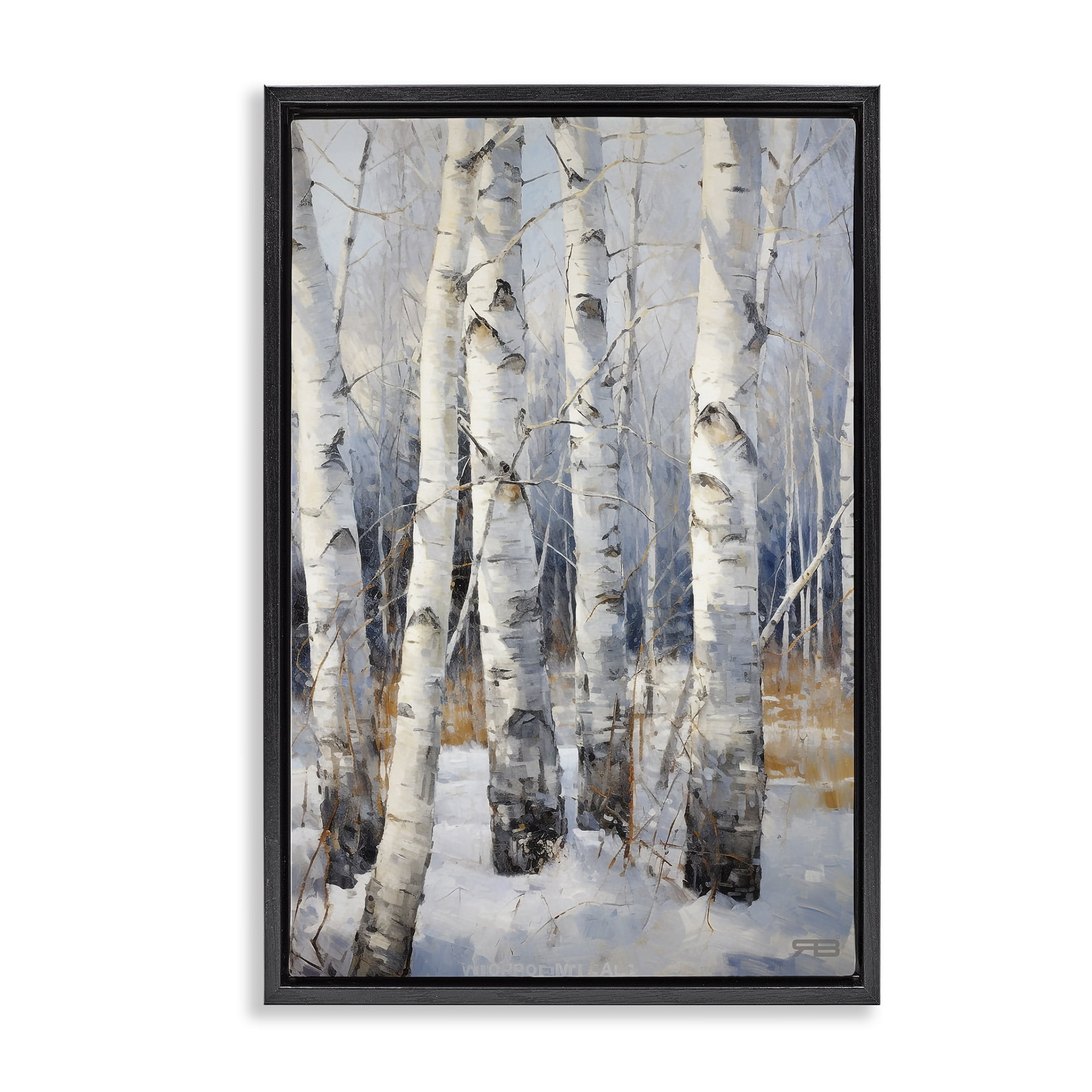 Stupell Industries Snowy Birch Forest Landscape Painting Black Floater Framed Art Print Wall Art, 21 x 31