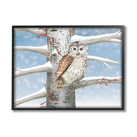 Stupell Industries Snowy Birch Tree Owl Holiday Painting Black Framed Art Print Wall Art