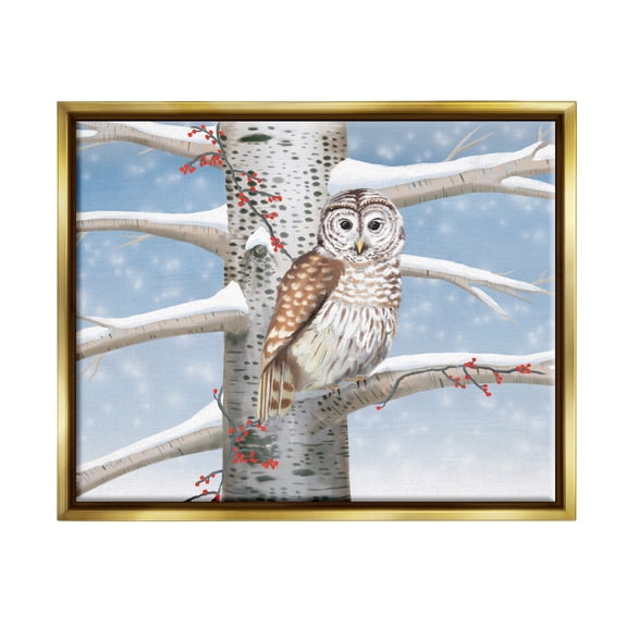 Stupell Industries Snowy Birch Tree Owl Holiday Painting Gold Floater Framed Art Print Wall Art