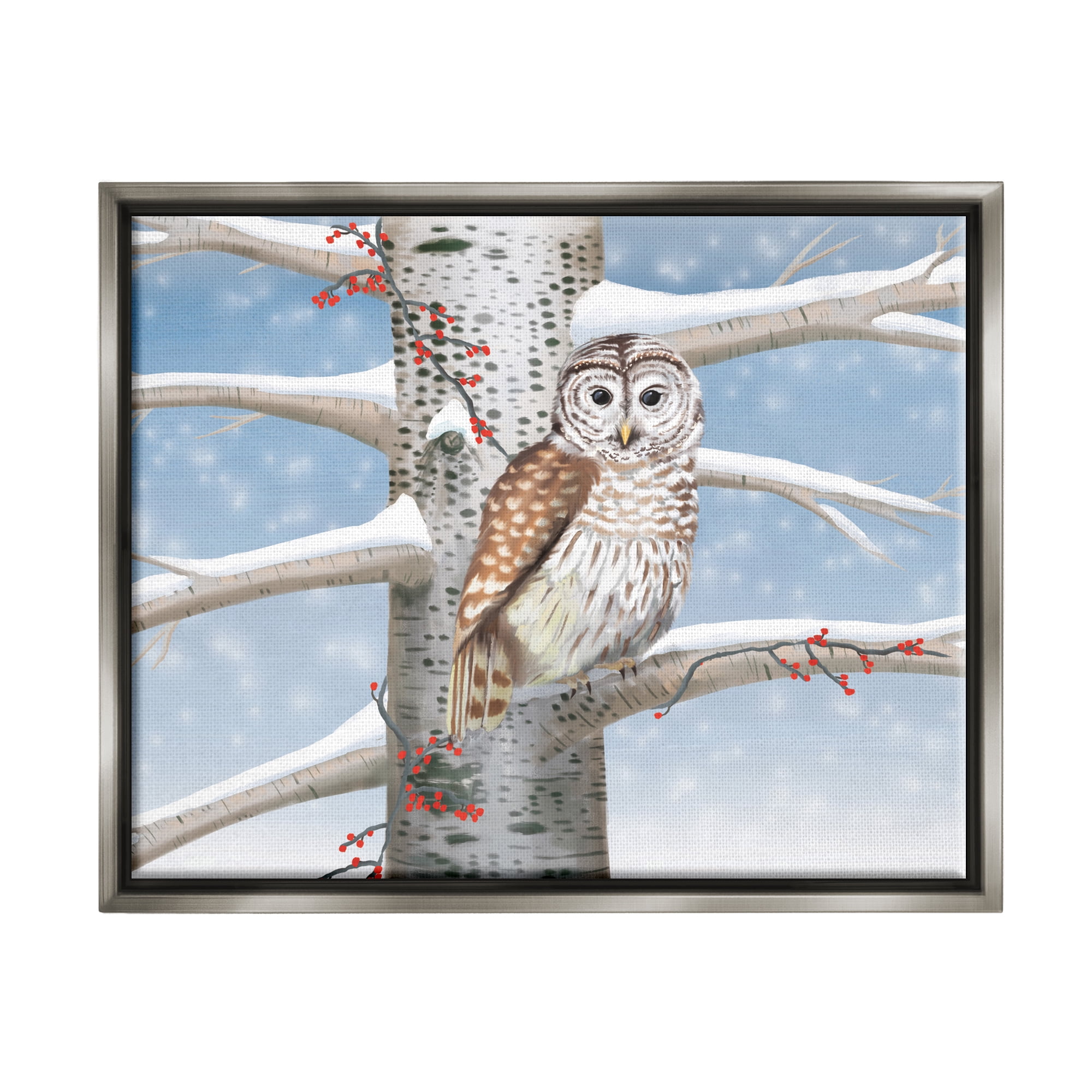 Stupell Industries Snowy Birch Tree Owl Holiday Painting Gray Floater Framed Art Print Wall Art