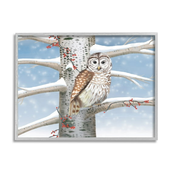 Stupell Industries Snowy Birch Tree Owl Holiday Painting Gray Framed Art Print Wall Art