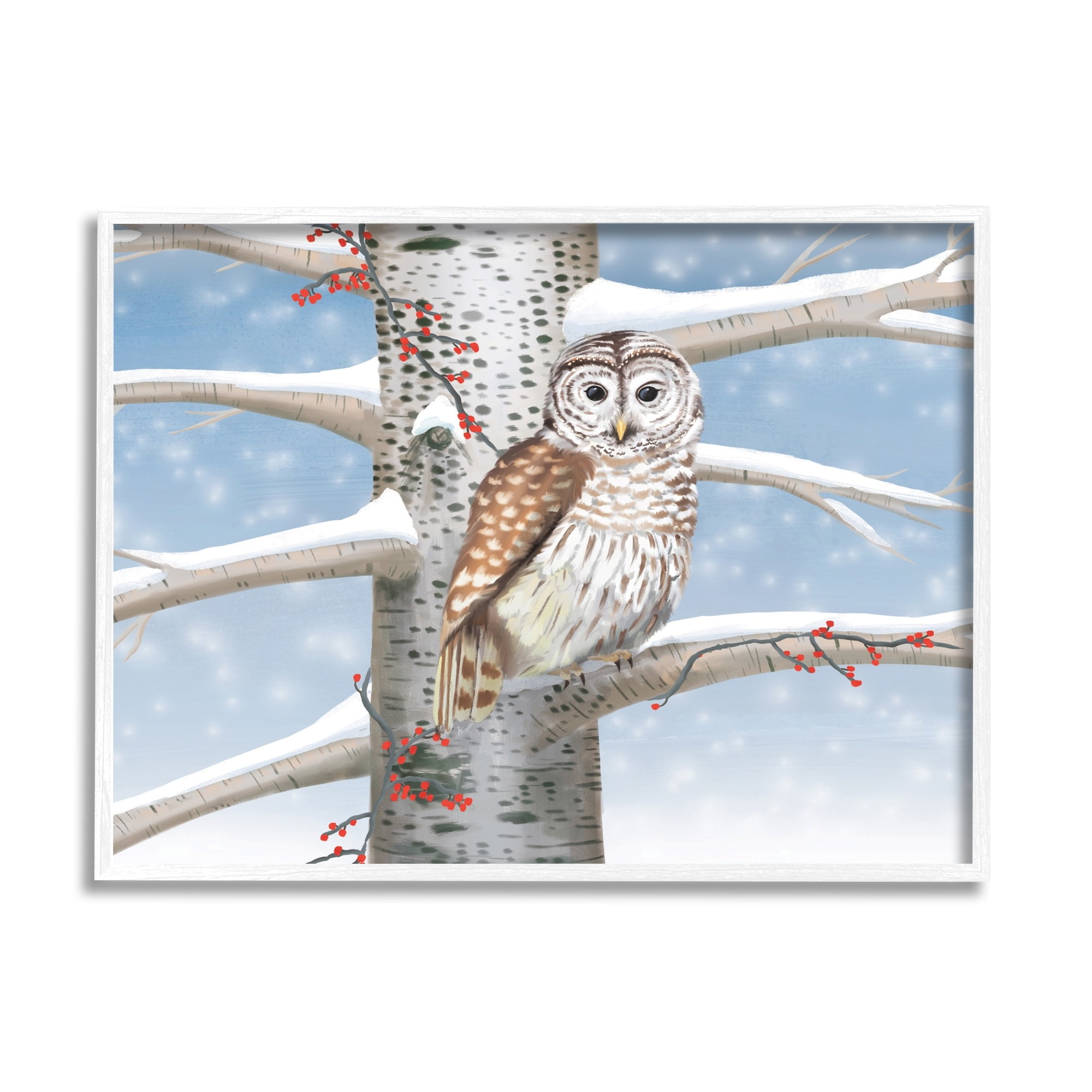 Stupell Industries Snowy Birch Tree Owl Holiday Painting White Framed Art Print Wall Art