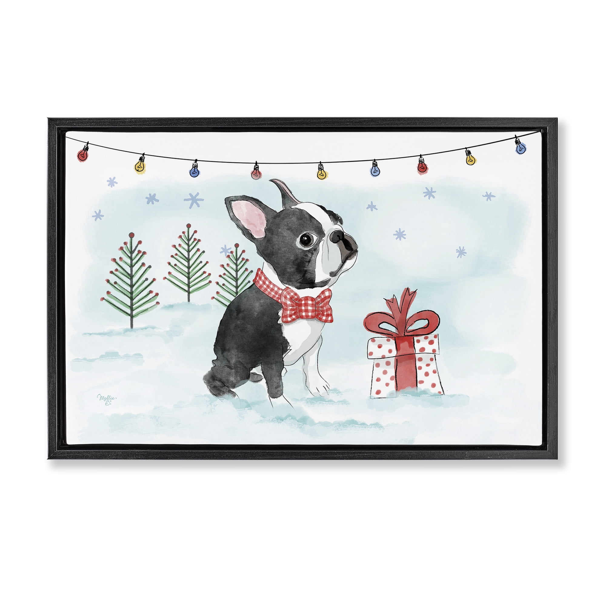 Stupell Industries Snowy Boston Terrier Holiday Painting Black Floater Framed Canvas Art Prints Wall Art, 25 x 17