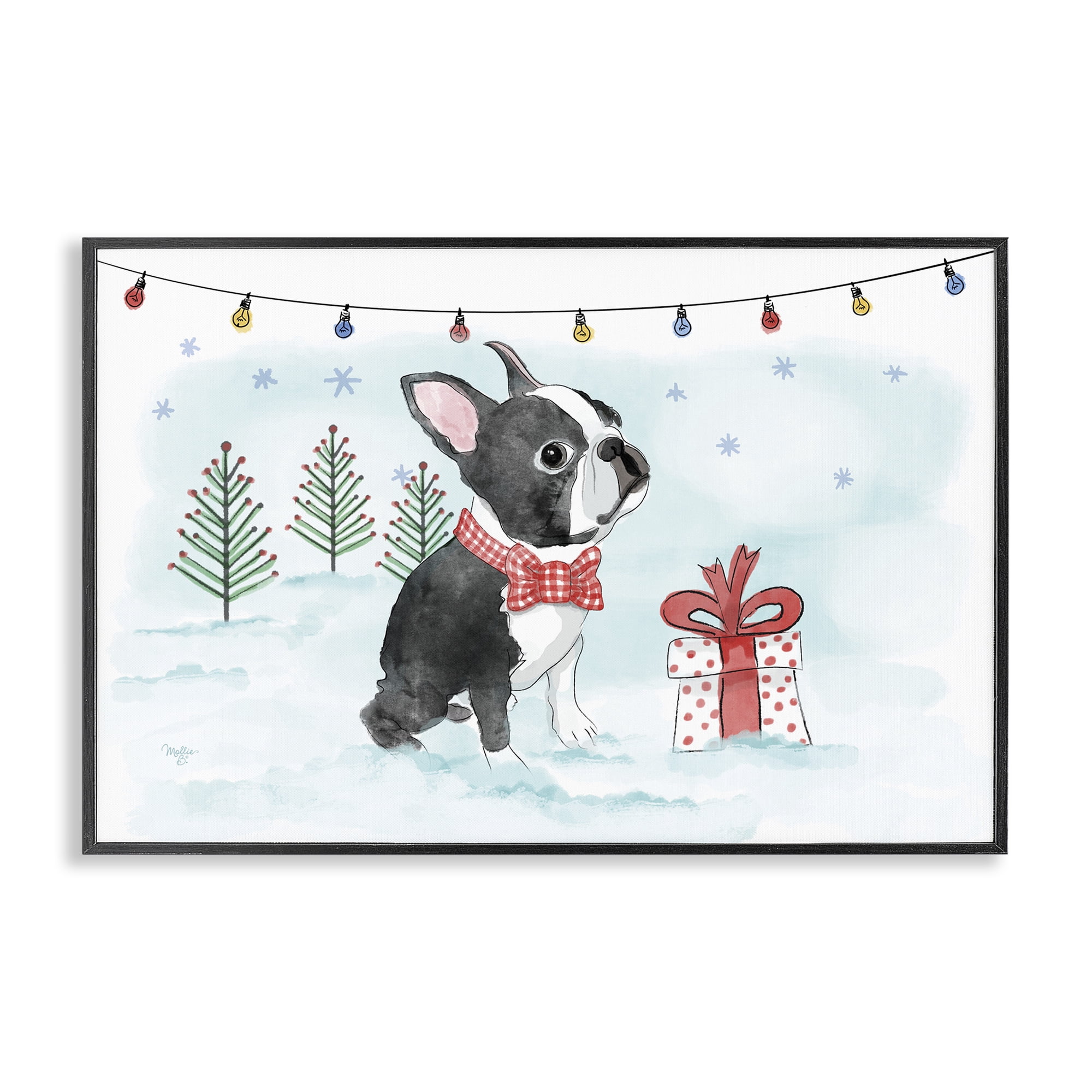 Stupell Industries Snowy Boston Terrier Holiday Painting Black Framed Art Prints Wall Art, 24 x 16