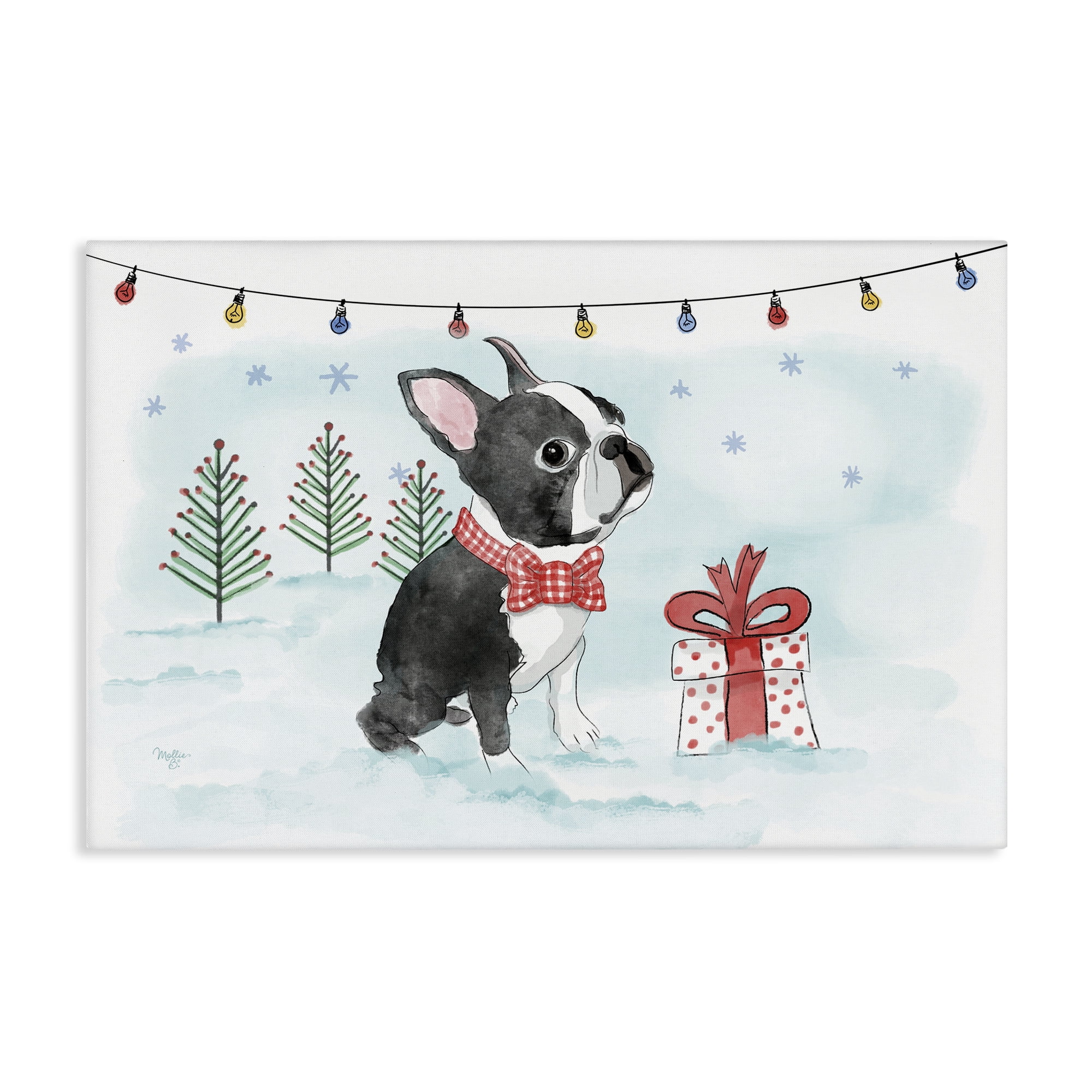 Stupell Industries Snowy Boston Terrier Holiday Painting Gallery Wrapped Canvas Art Prints Wall Art, 36 x 24