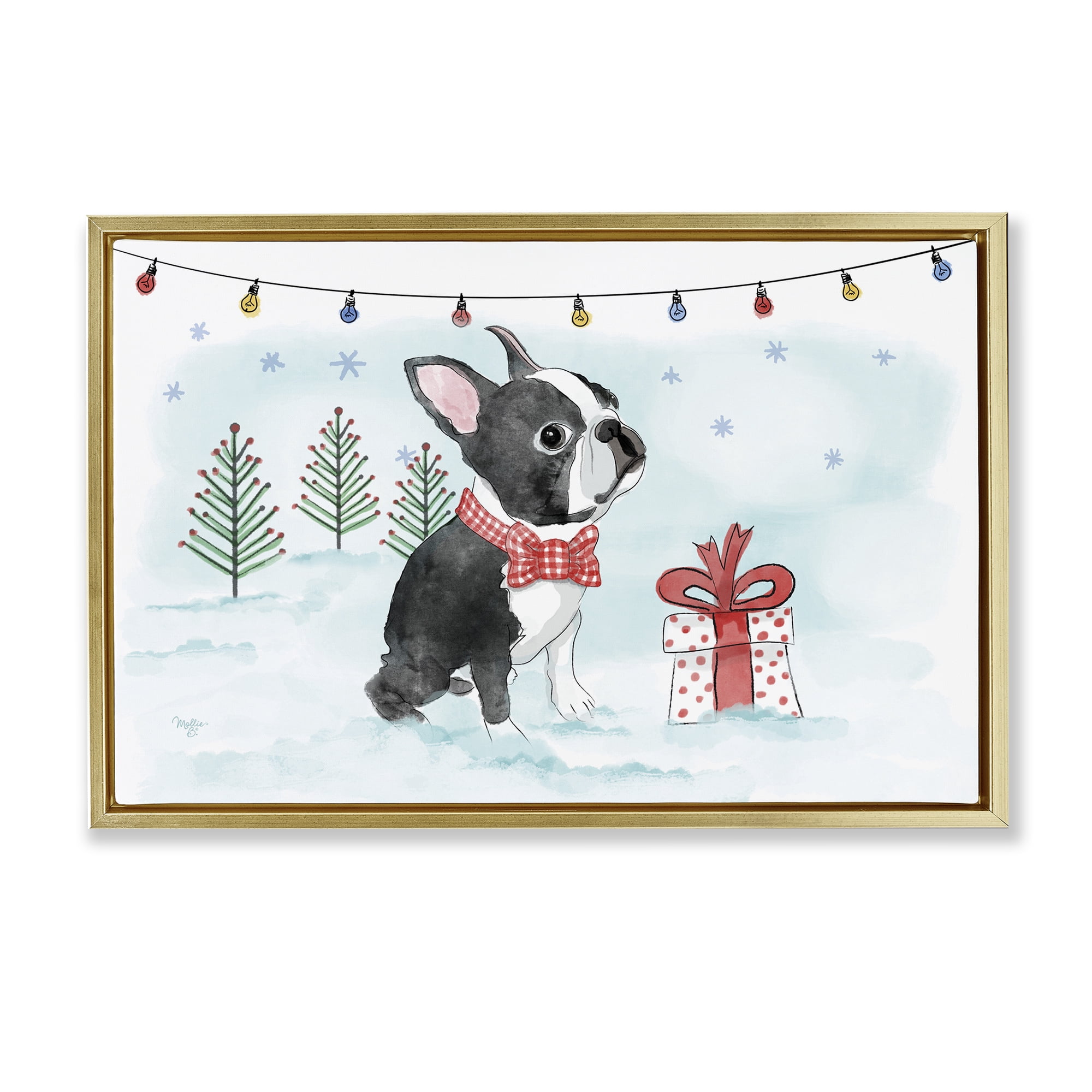 Stupell Industries Snowy Boston Terrier Holiday Painting Gold Floater Framed Canvas Art Prints Wall Art, 31 x 21