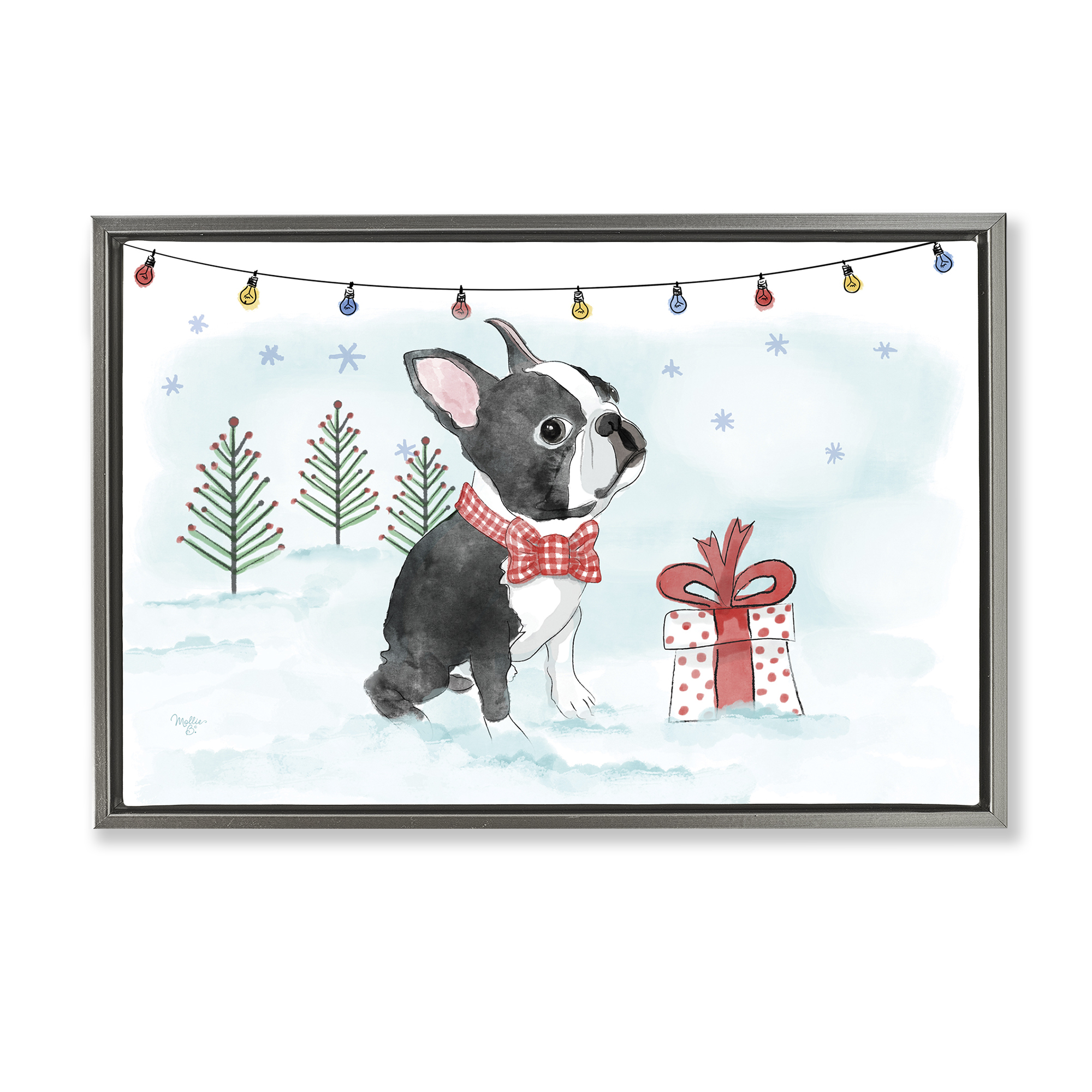 Stupell Industries Snowy Boston Terrier Holiday Painting Gray Floater Framed Canvas Art Prints Wall Art, 25 x 17