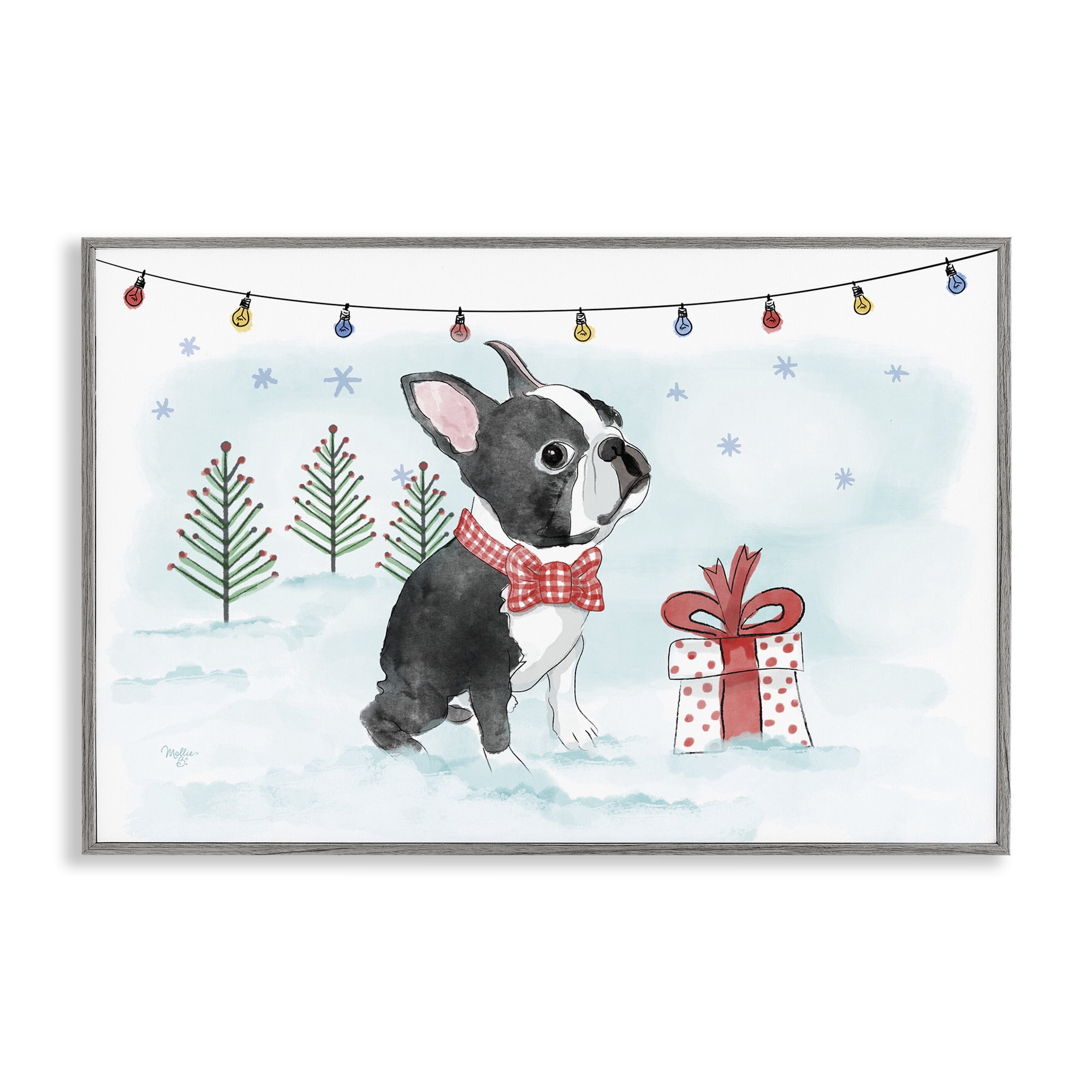 Stupell Industries Snowy Boston Terrier Holiday Painting Gray Framed Art Prints Wall Art, 18 x 12