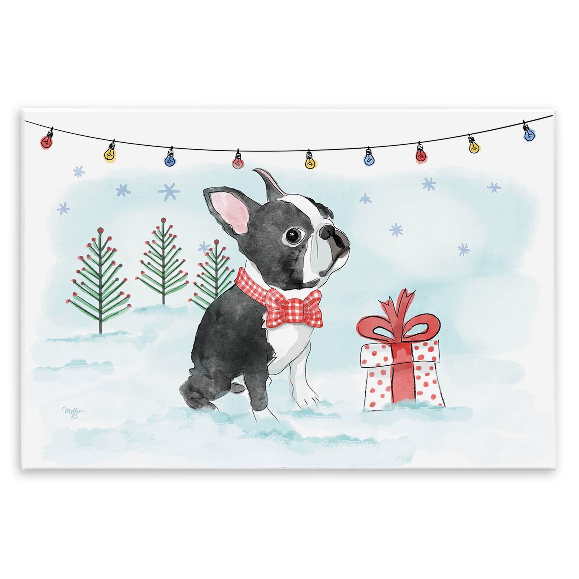Stupell Industries Snowy Boston Terrier Holiday Painting Unframed Art Prints Wall Art, 19 x 13