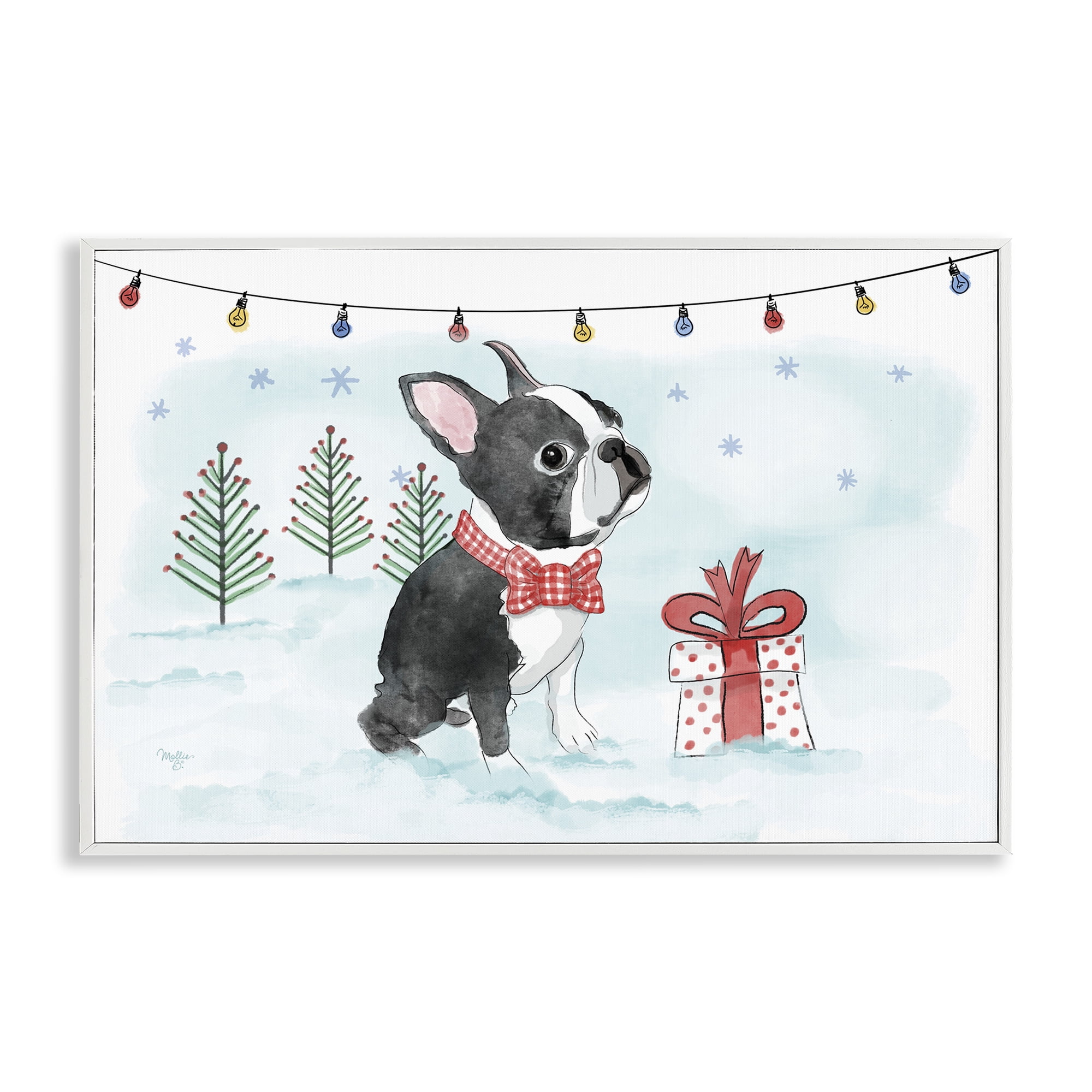 Stupell Industries Snowy Boston Terrier Holiday Painting White Framed Art Prints Wall Art, 30 x 20