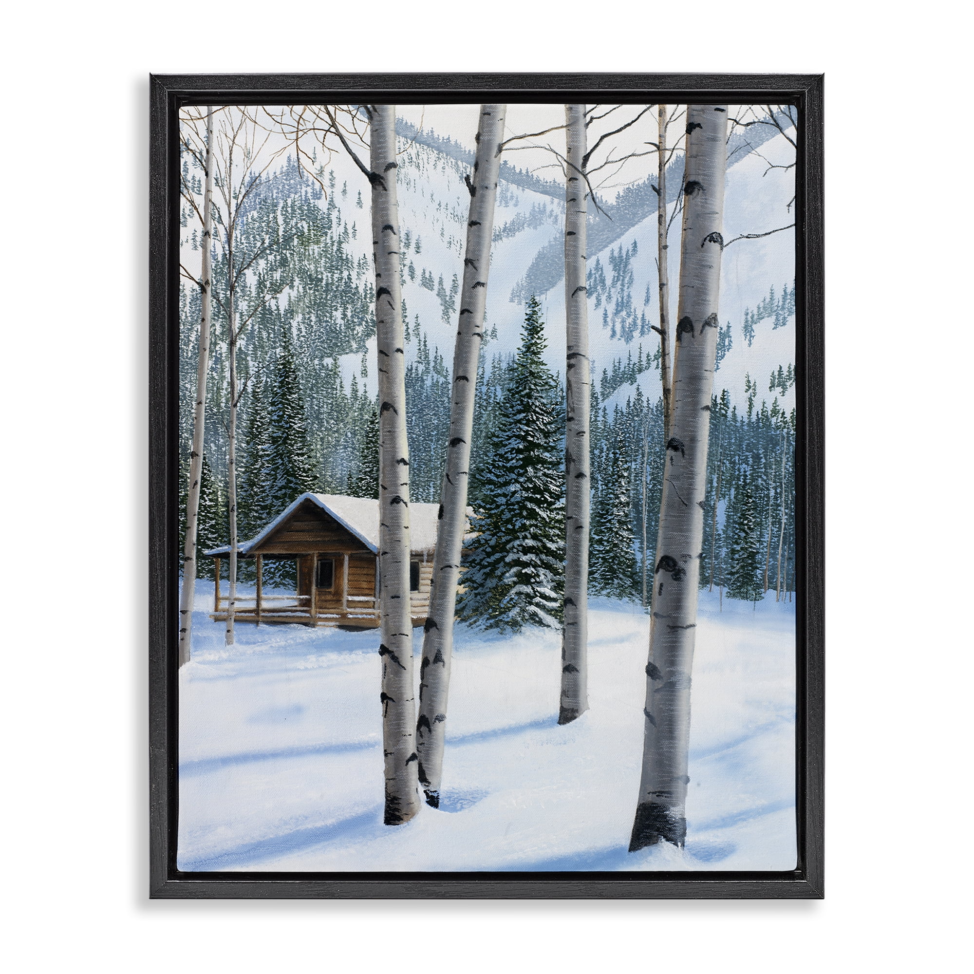 Stupell Industries Snowy Cabin Through Birch Landscape Painting Black Floater Framed Canvas Art Prints Wall Art, 25 x 31