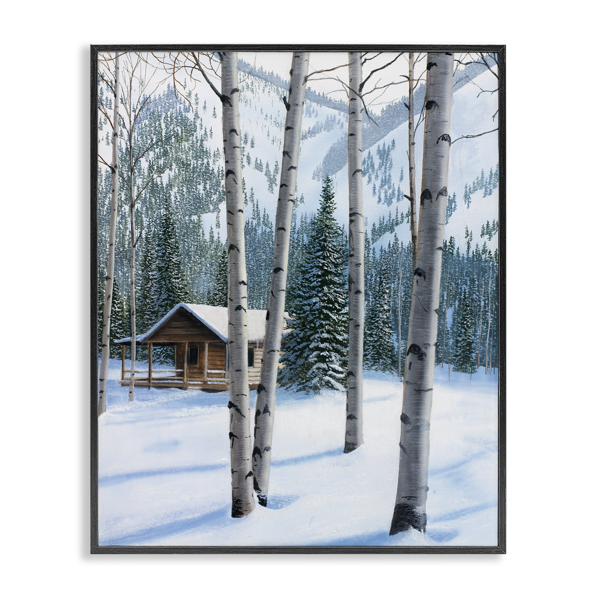 Stupell Industries Snowy Cabin Through Birch Landscape Painting Black Framed Art Prints Wall Art, 11 x 14