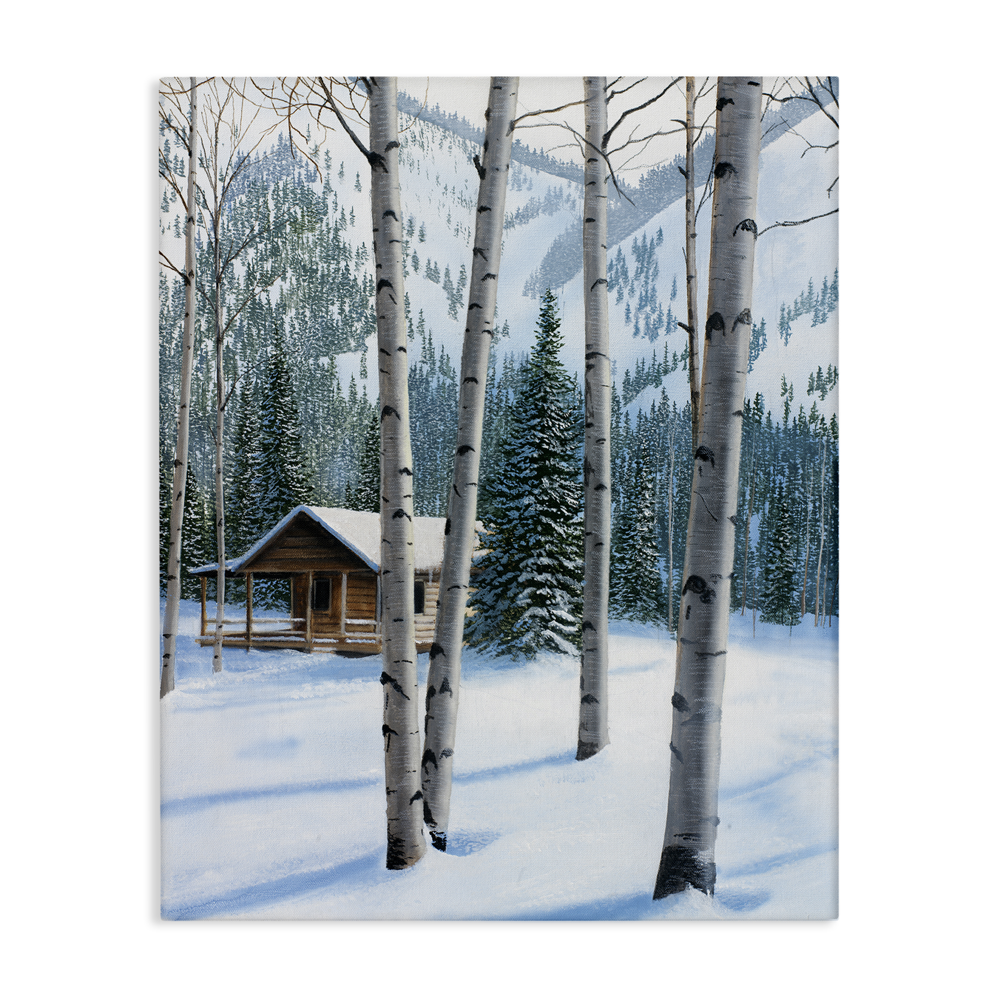 Stupell Industries Snowy Cabin Through Birch Landscape Painting Gallery Wrapped Canvas Art Prints Wall Art, 16 x 20
